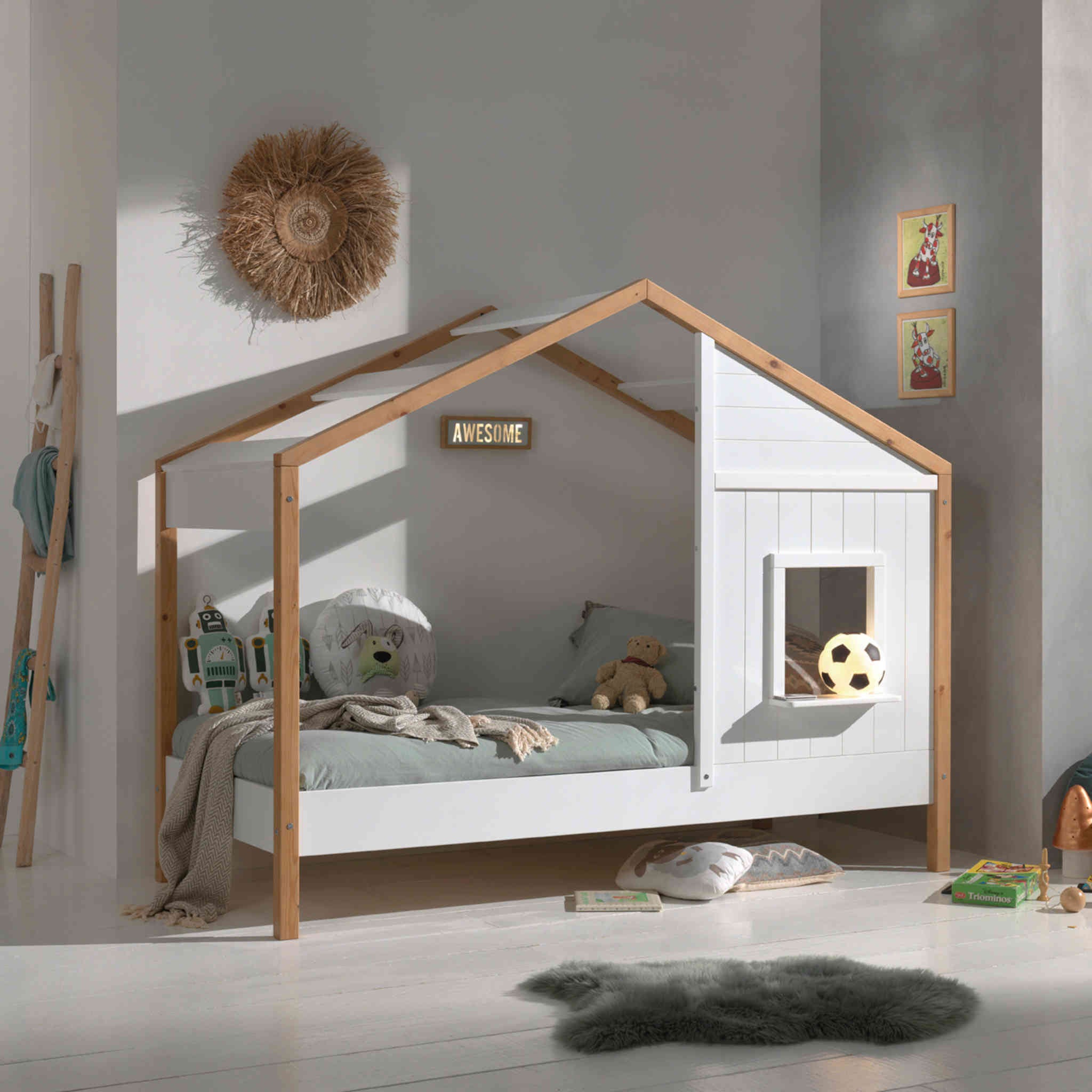 Lit enfant, lit maison 90 x 200 cm, lit en bois pour chambre d