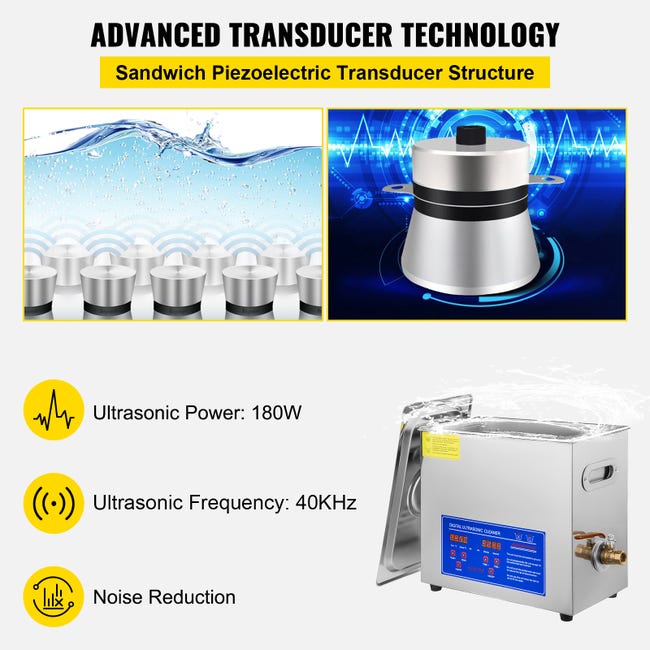 6L Nettoyeur à Ultrasons Ultrasonic Cleaner Bac Inox avec Minuteur  Numérique