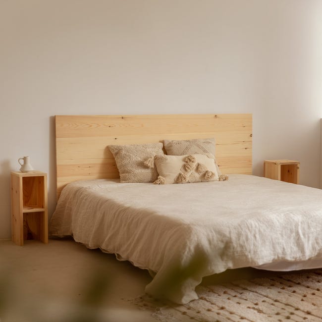 Cabecero y 2 mesitas acabado madera maciza natural cama 150 cm