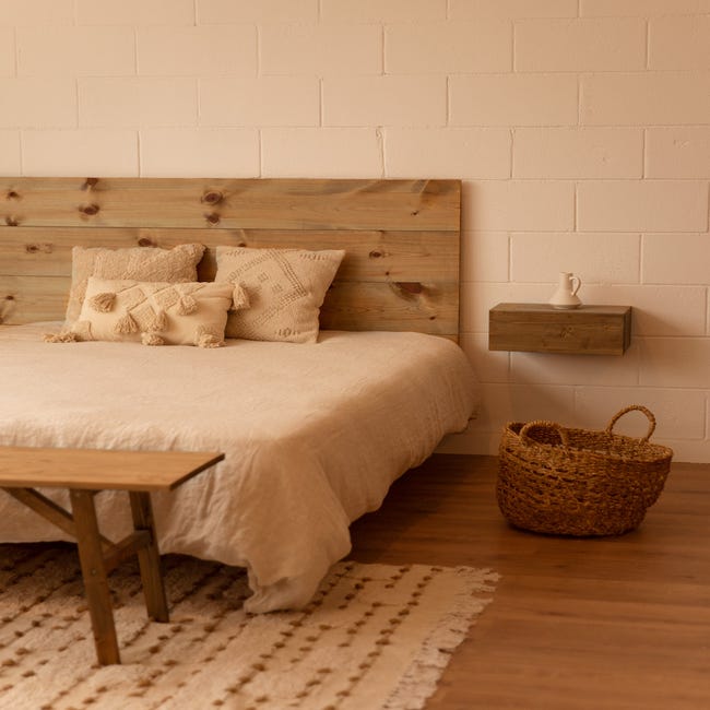 Cabecero y 2 mesitas flotantes madera encerada con cajón cama 150 cm
