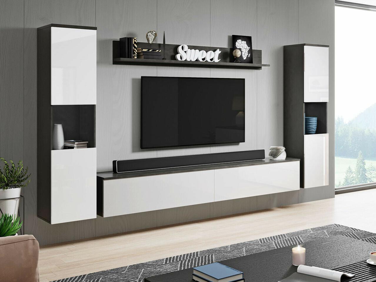 Mobile porta tv, soggiorno moderno Irene Bianco Lucido e Beton, ZLCSBB