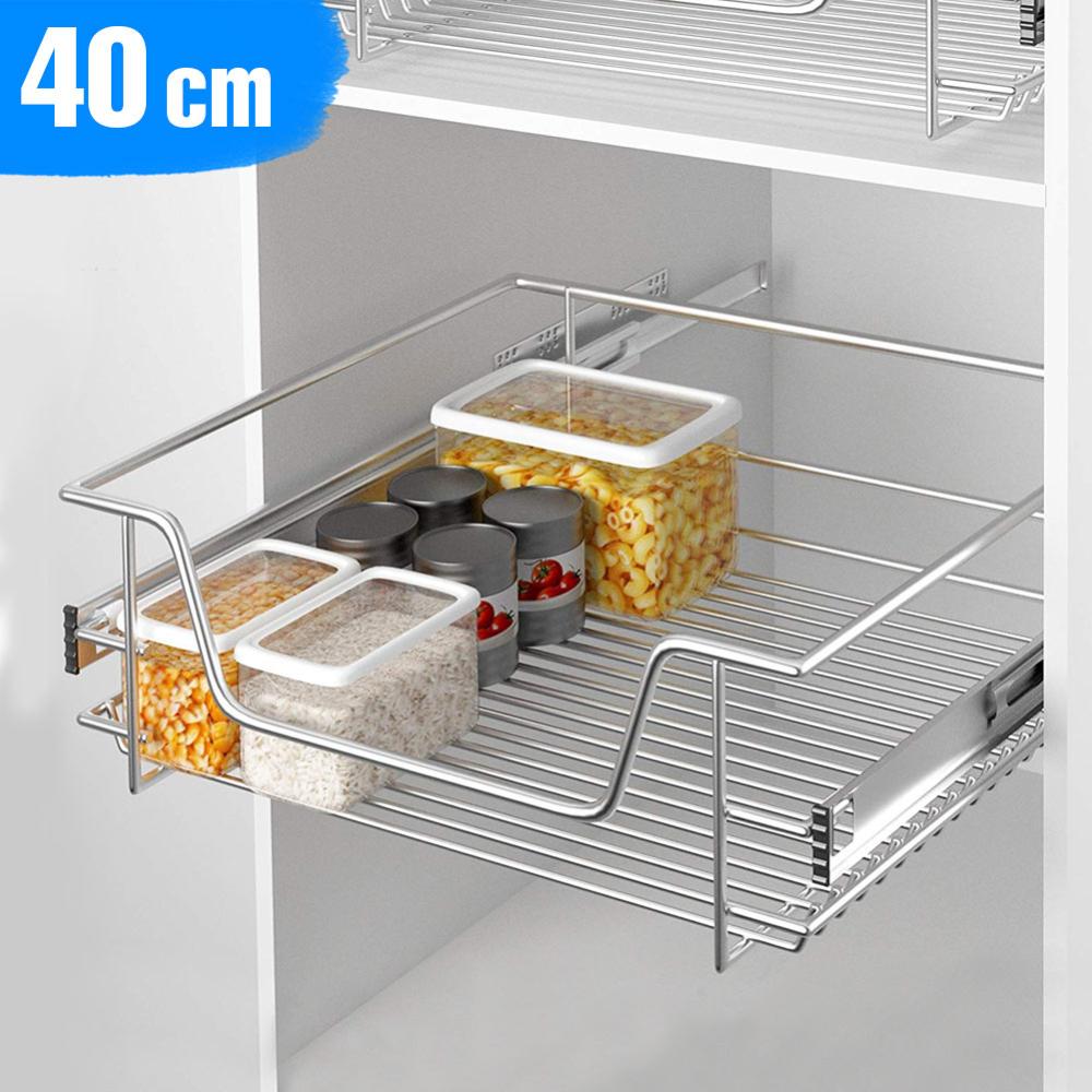 2x Cassetti Telescopici Per Cucina Da 40 Cm - Organizer Estraibile In Metallo Cromato Con Guide A Sfera, Facile Da Montare, Per Armadi E Dispensa