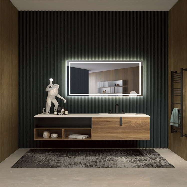 Espejo de pared rectangular con luz led y marco de madera