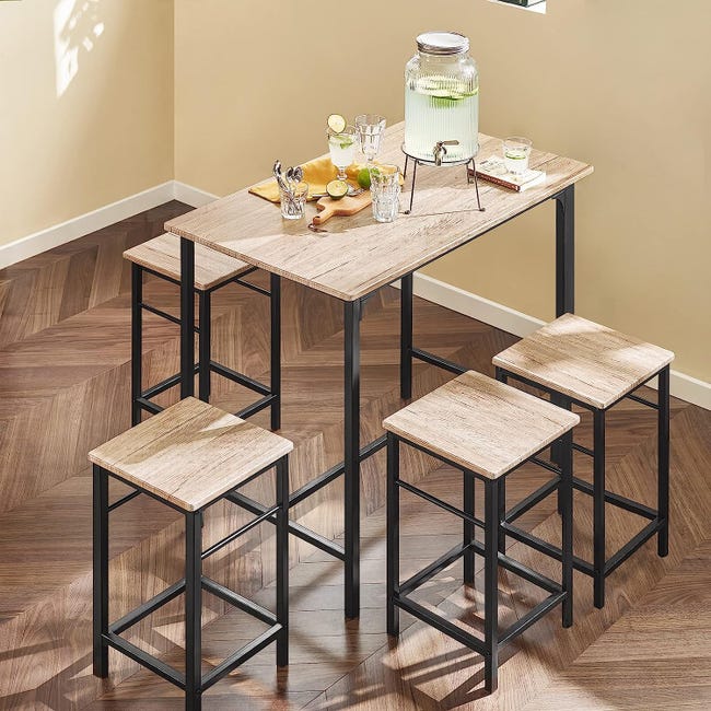 Tavolo alto e 4 sgabelli da bar in acciaio ed effetto legno