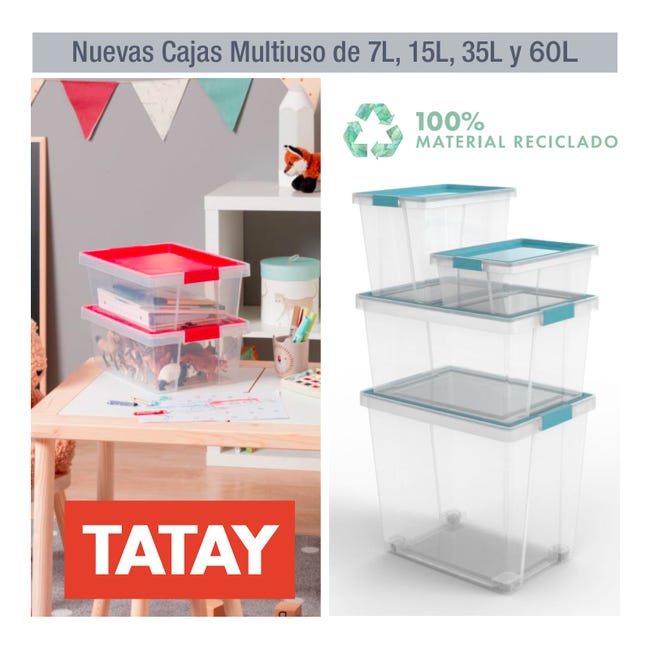 TATAY - Caja de Ordenación Multiusos 15L 100% Reciclable con Tapa Abatible.  Negro