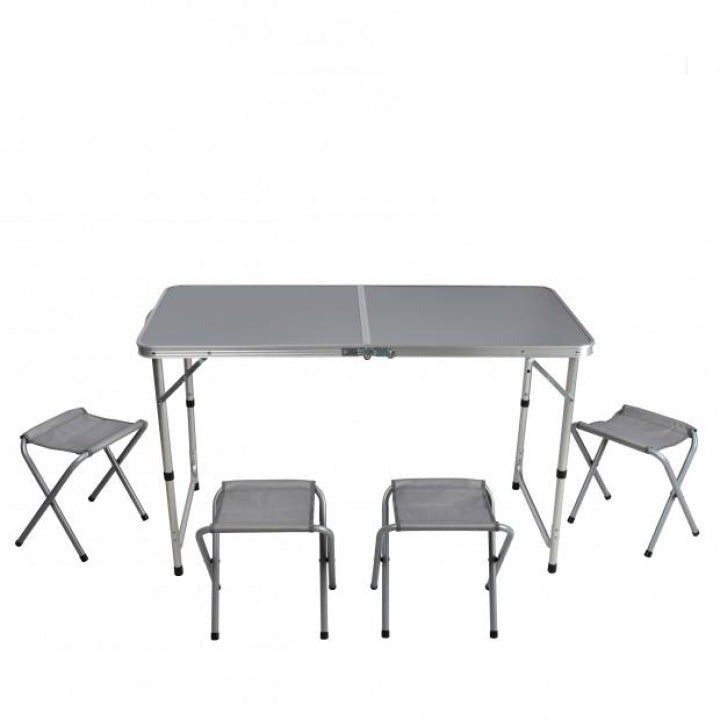 Table De Camping Pliable En Aluminium Gris Avec 4 Tabourets  120x60xh70/62/55cm 