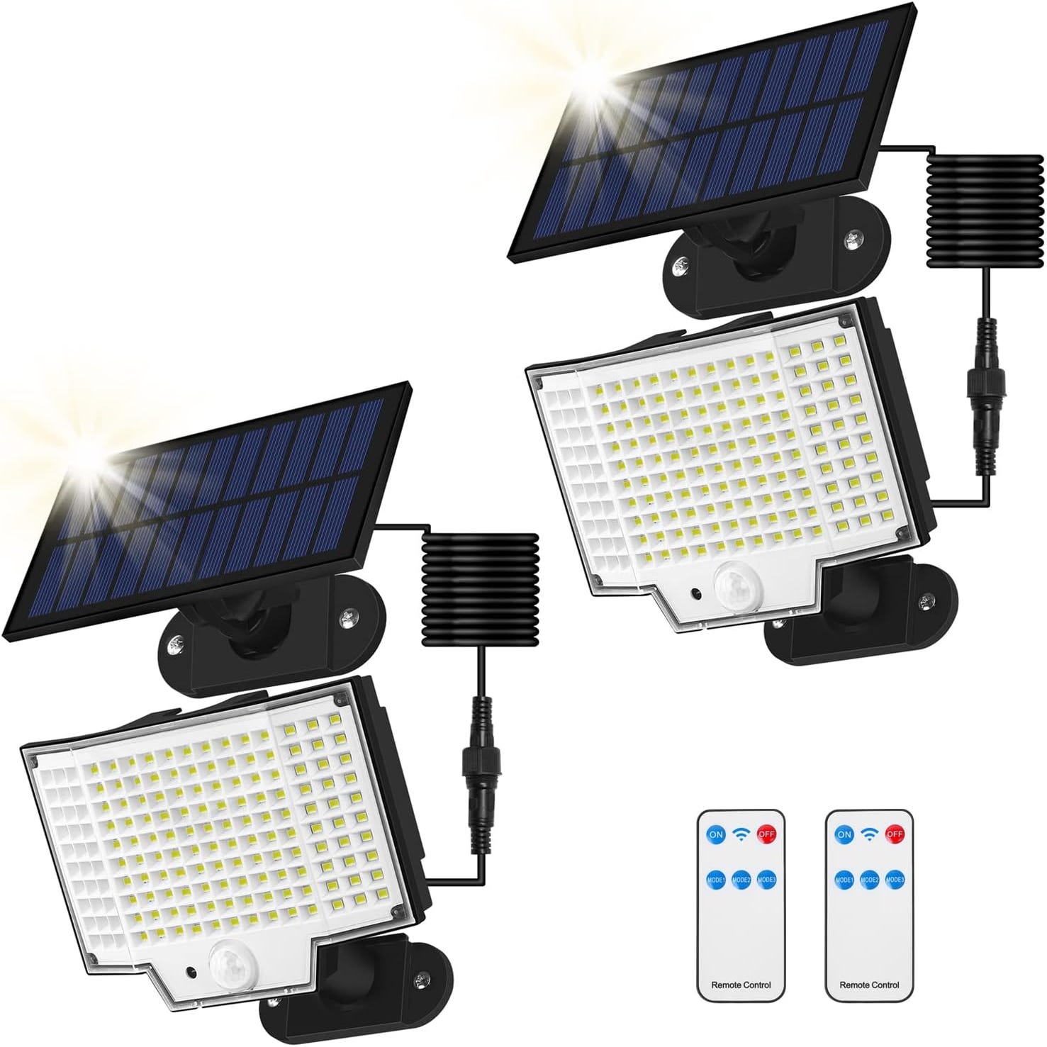 Lámpara solar exterior (2 paquetes), lámpara solar exterior con detector de  movimiento, luz solar exterior IP65, foco solar exterior de 160 LED, 3 mod