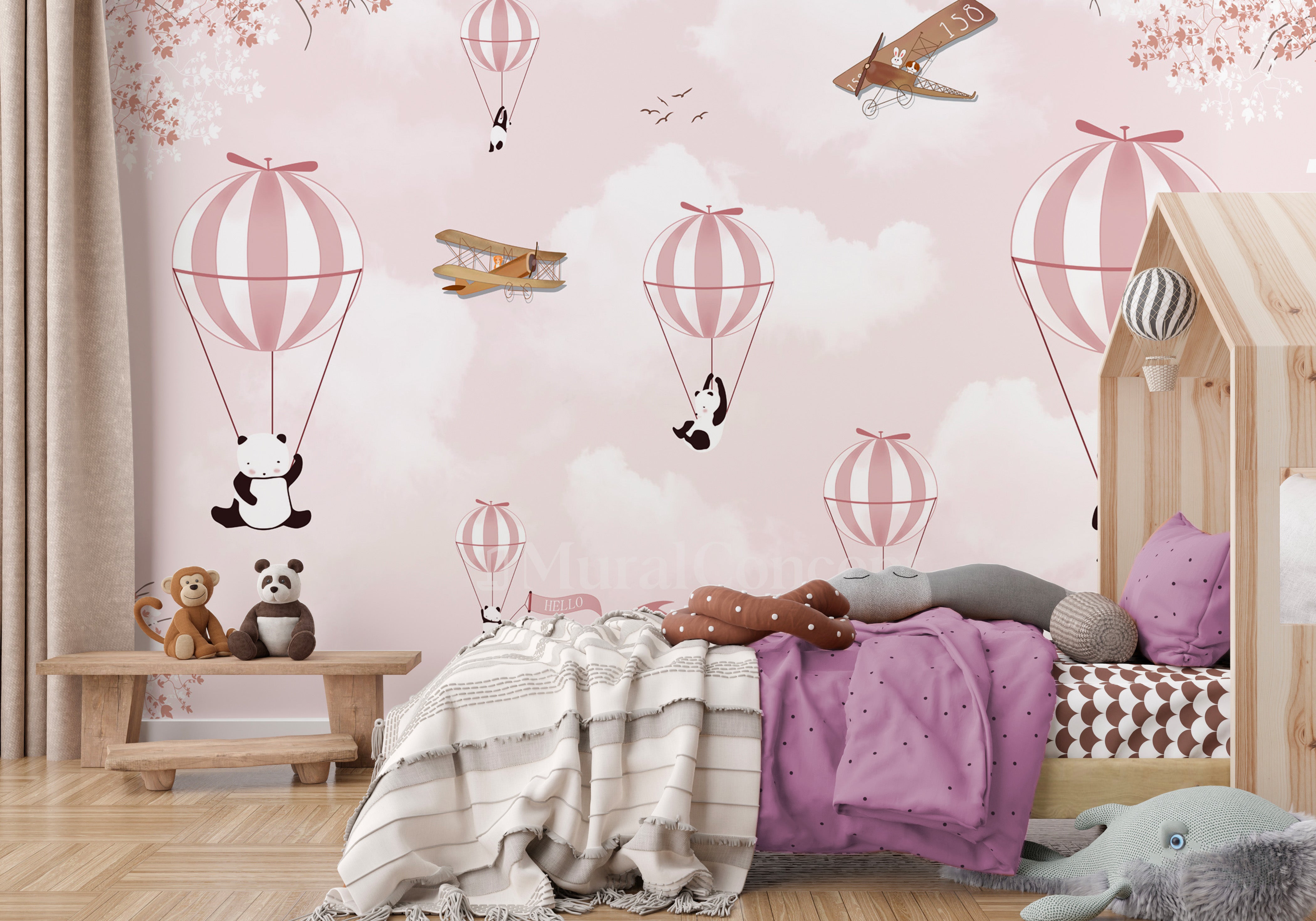 Papier Peint Enfant Ballons Nuages Pastel Intissé Panoramique 368x254 cm -  Colle Inclus - Chambre Enfant - Moderne Trompe l'oeil