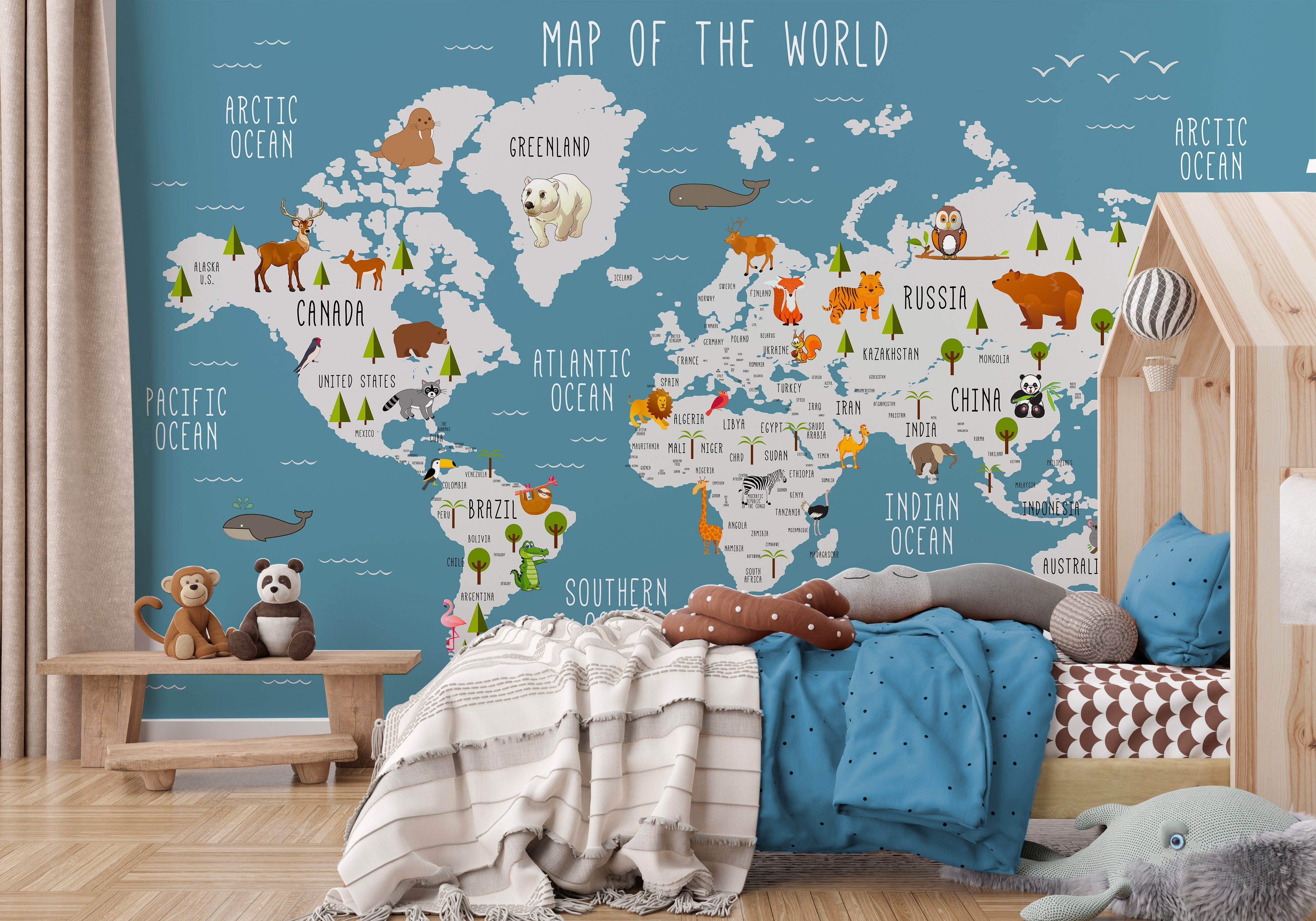 Papier peint panoramique enfant carte du monde bleu