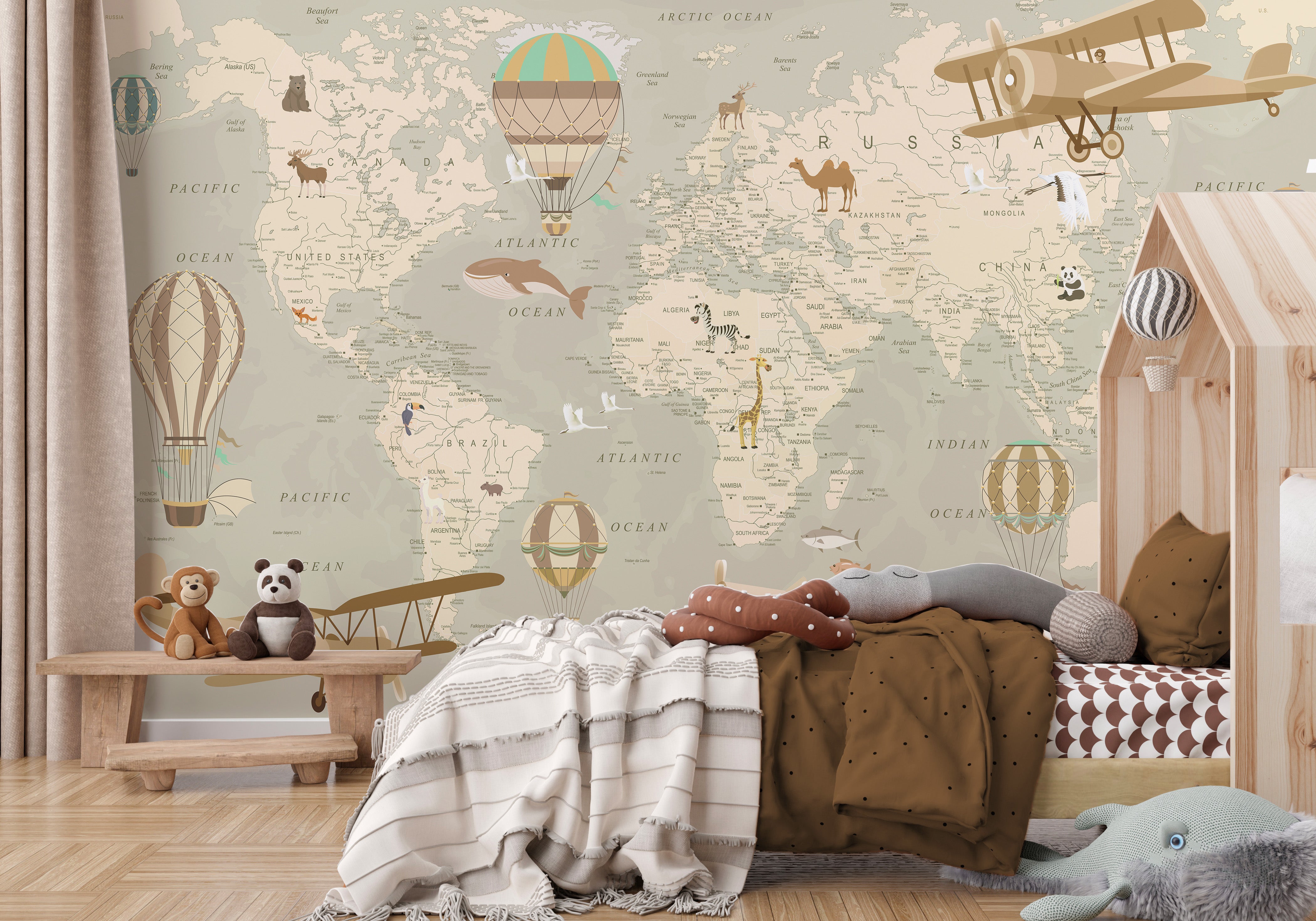 Papier peint enfant carte du monde illustrée animaux beige L225cm x H260cm