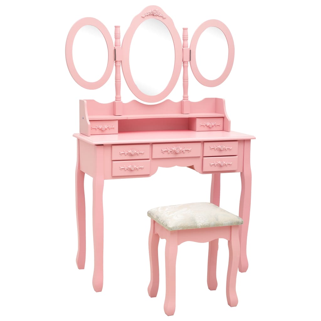 Maison Exclusive Tocador con taburete y espejo triple plegable rosa