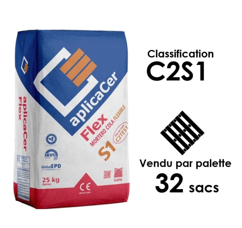 MORTIER COLLE APLICACER FLEX C2S1 25kg BLANC Vendu par palette
