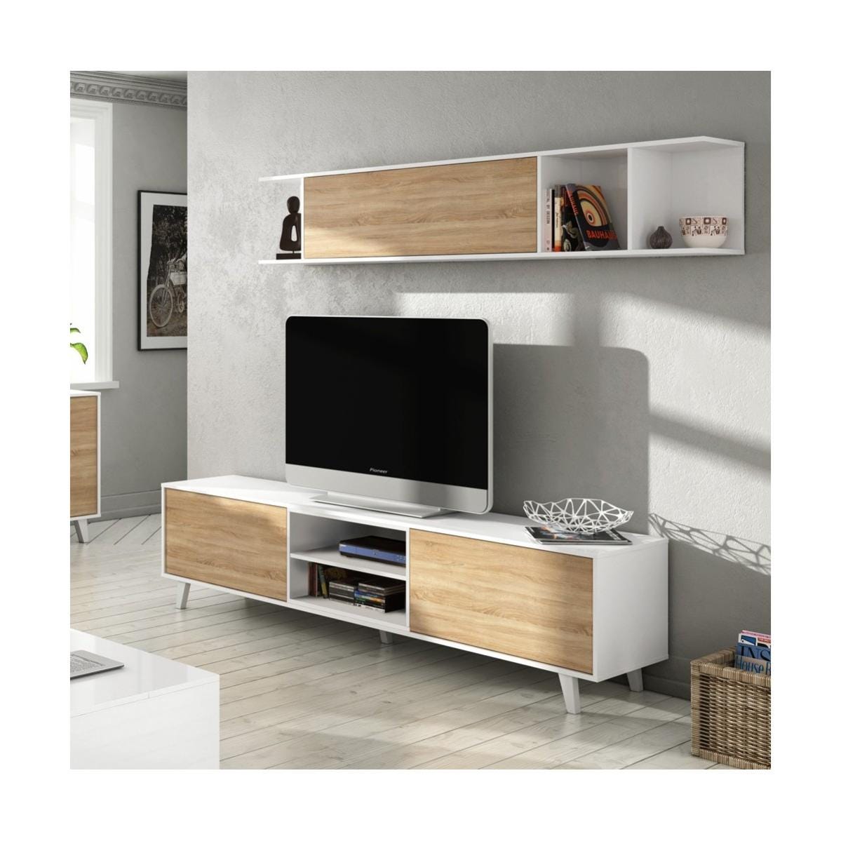 Mobile TV Moderno Bianco Rovere Parete Attrezzata Soggiorno Pensile ...