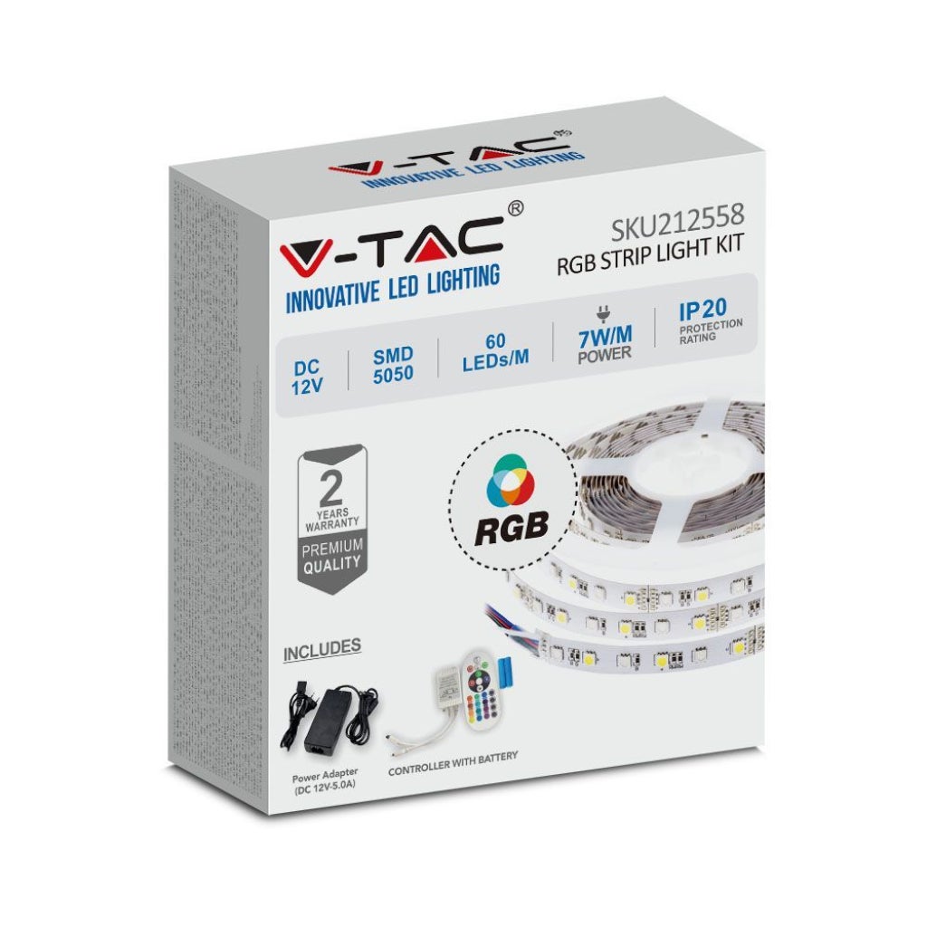 V-TAC VT-5050-60 KIT STRISCIA LED FLESSIBILE 35W SMD RGB 12V ALIMENTATORE  CONTROLLER TELECOMANDO - 5M - SKU 212558