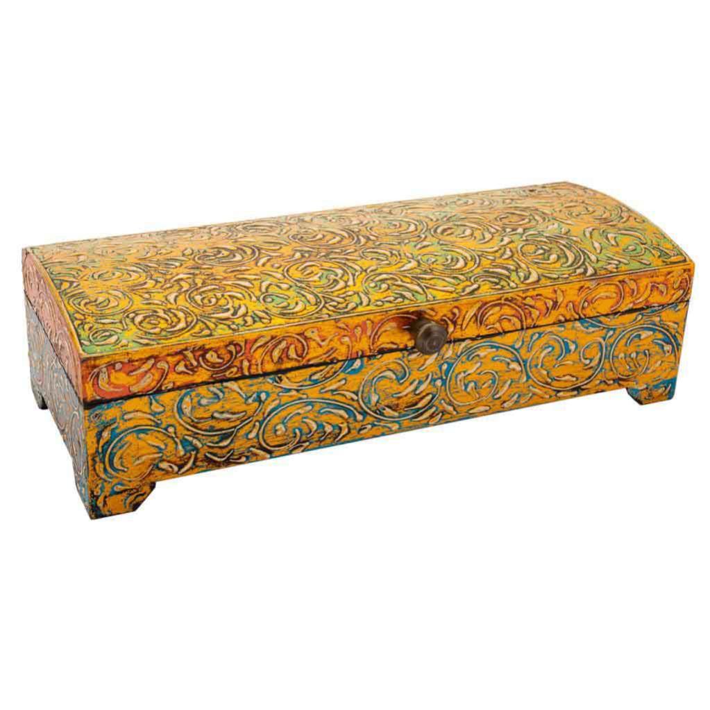 Ancienne Boîte à Bijoux Faite Main - Bois Peint Bleu Et Rouge Avec Fleurs, Occasion En Excellent état