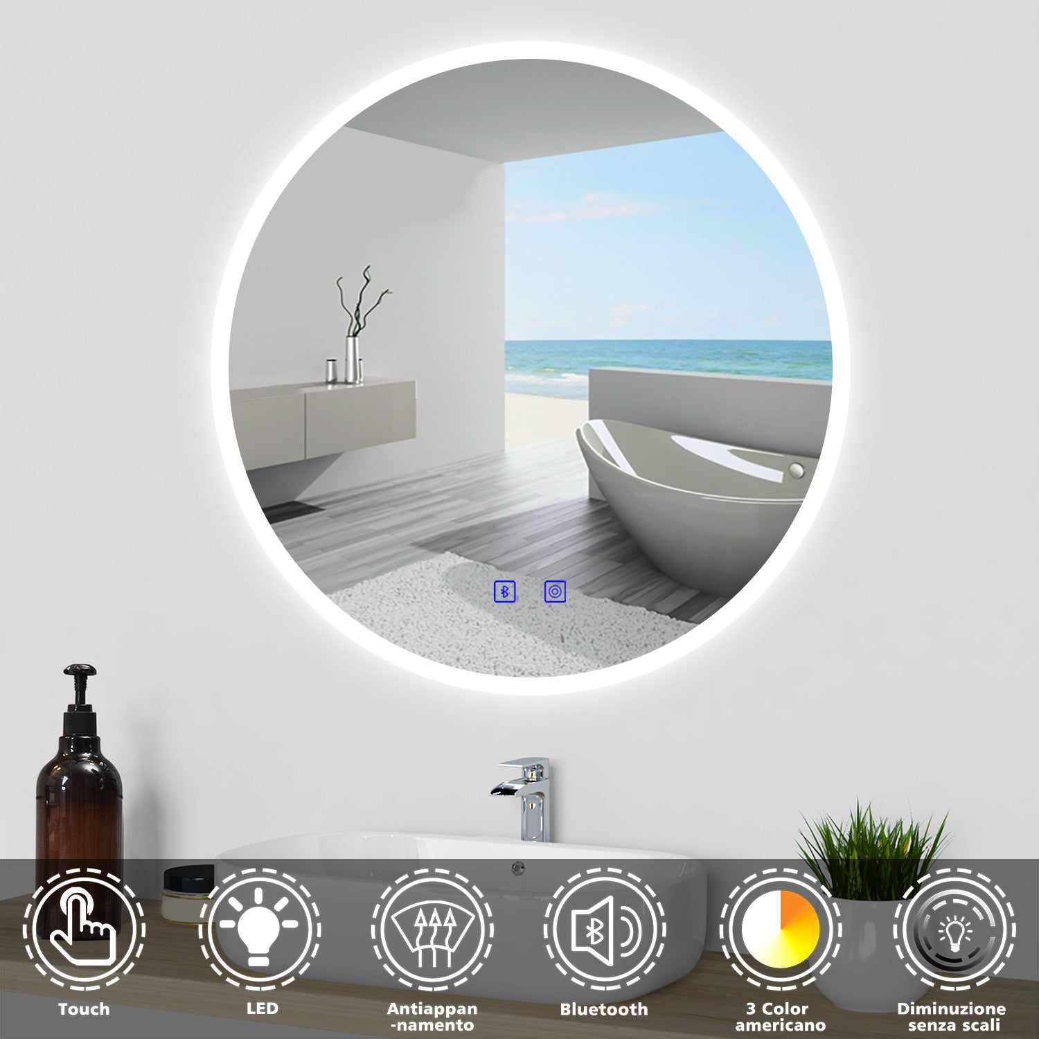 Specchio LED Rotondo da Parete OCEAN 70/80cm - Dimmerabile, Anti Nebbia,  Bluetooth - Design Elegante e Impermeabile IP44 – OCEAN ITALY SRL