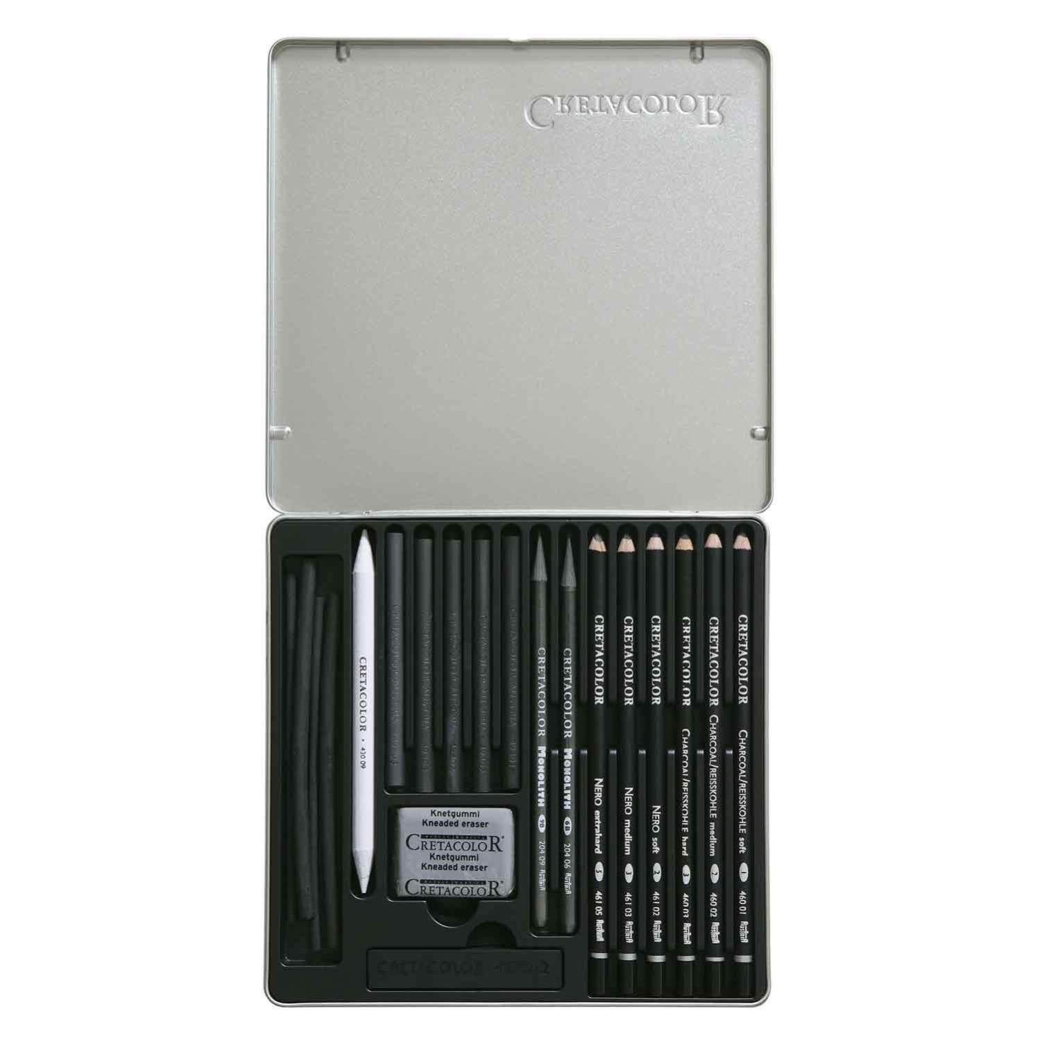 CRETACOLOR Black Box - Set De 20 Pièces Pour Dessin Et Fusain, Coffret Cadeau Avec Gomme Malaxée Et Gomme à Papier