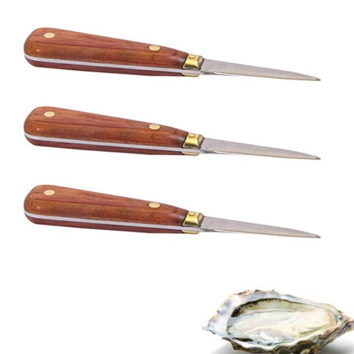 3 coltelli da ostriche con manico in legno