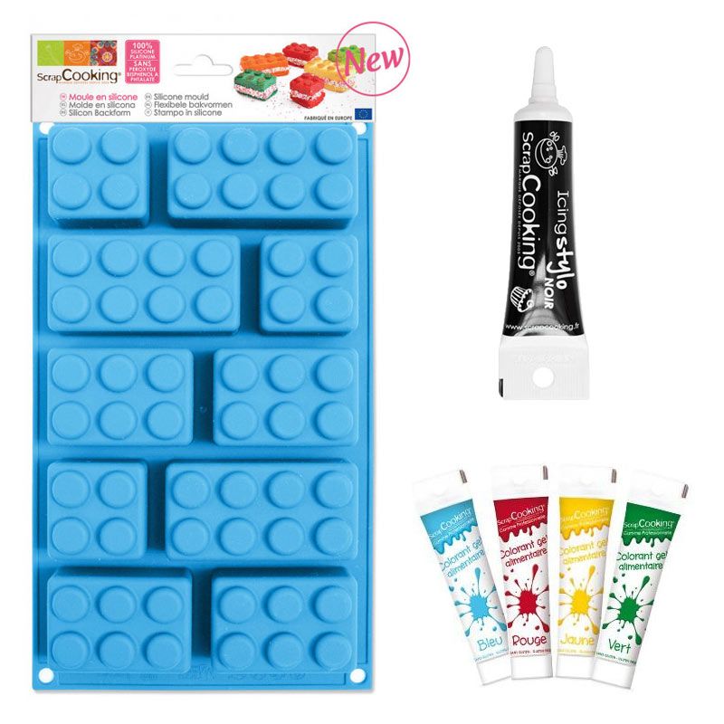 Stampo in silicone Lego + coloranti alimentari in gel + penna per glassa  nera