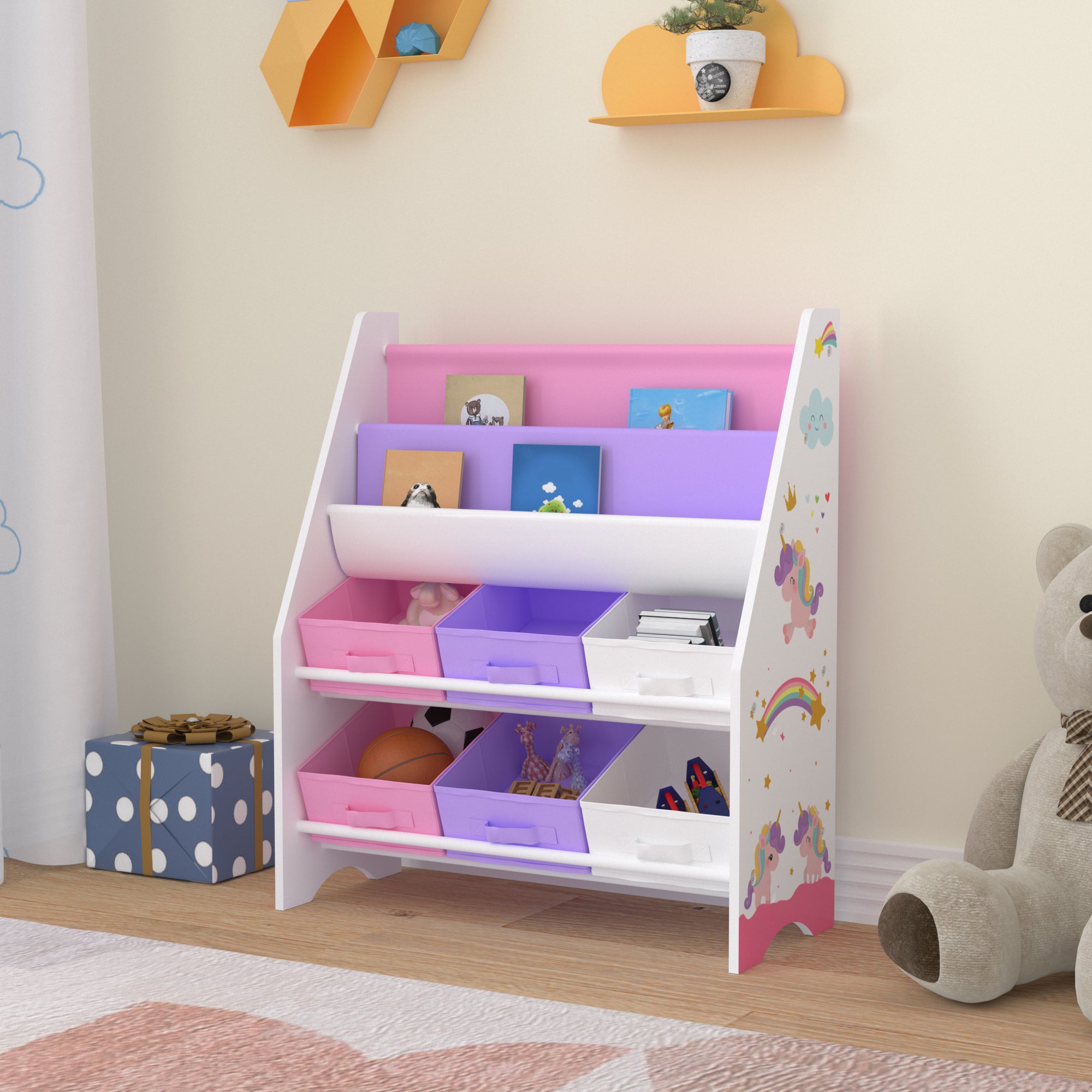 Mueble con almacenaje para niño, blanco - Camila - con 7 compartimentos y 6  cestas grises y rosas