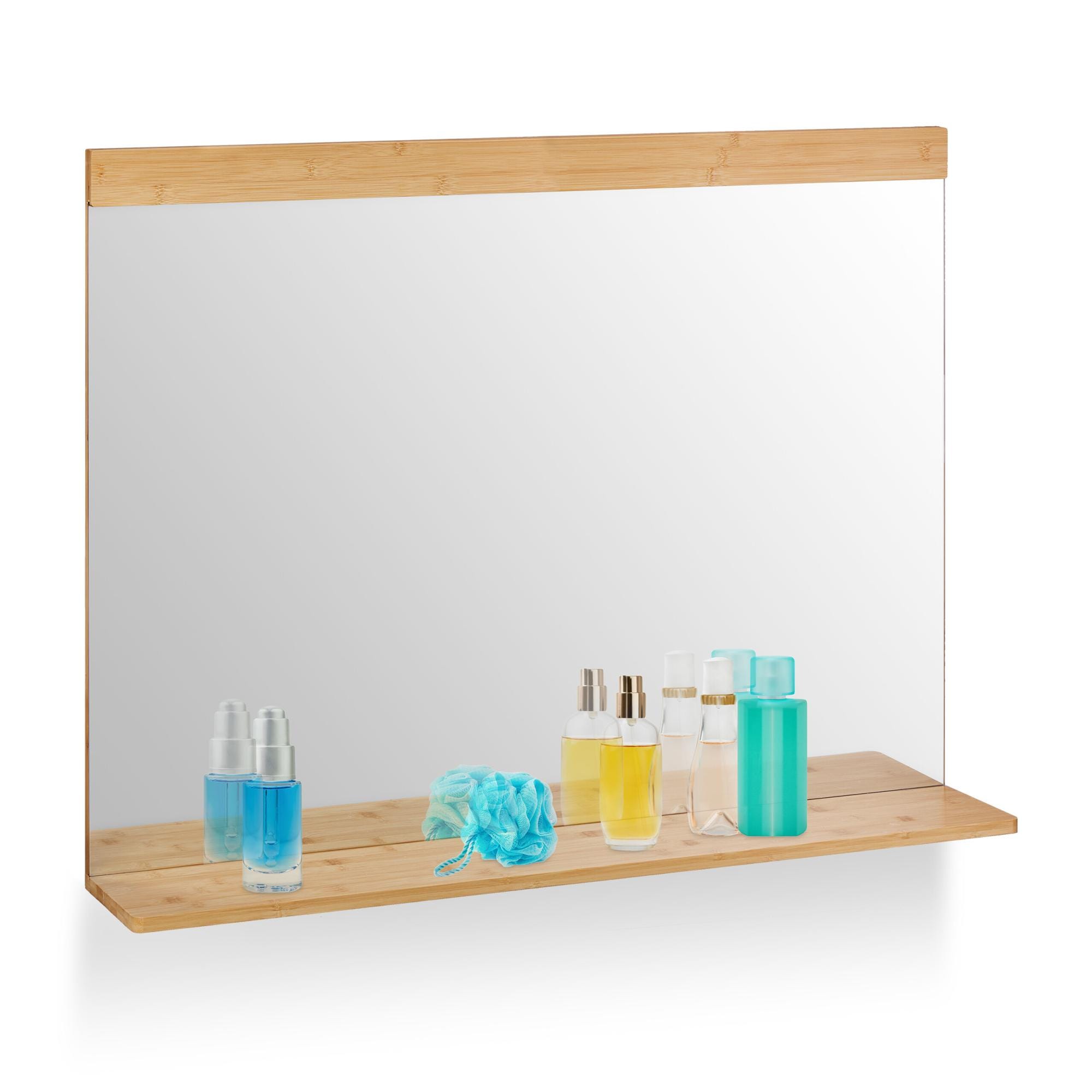 Relaxdays Miroir mural avec surface de rangement, bambou et verre