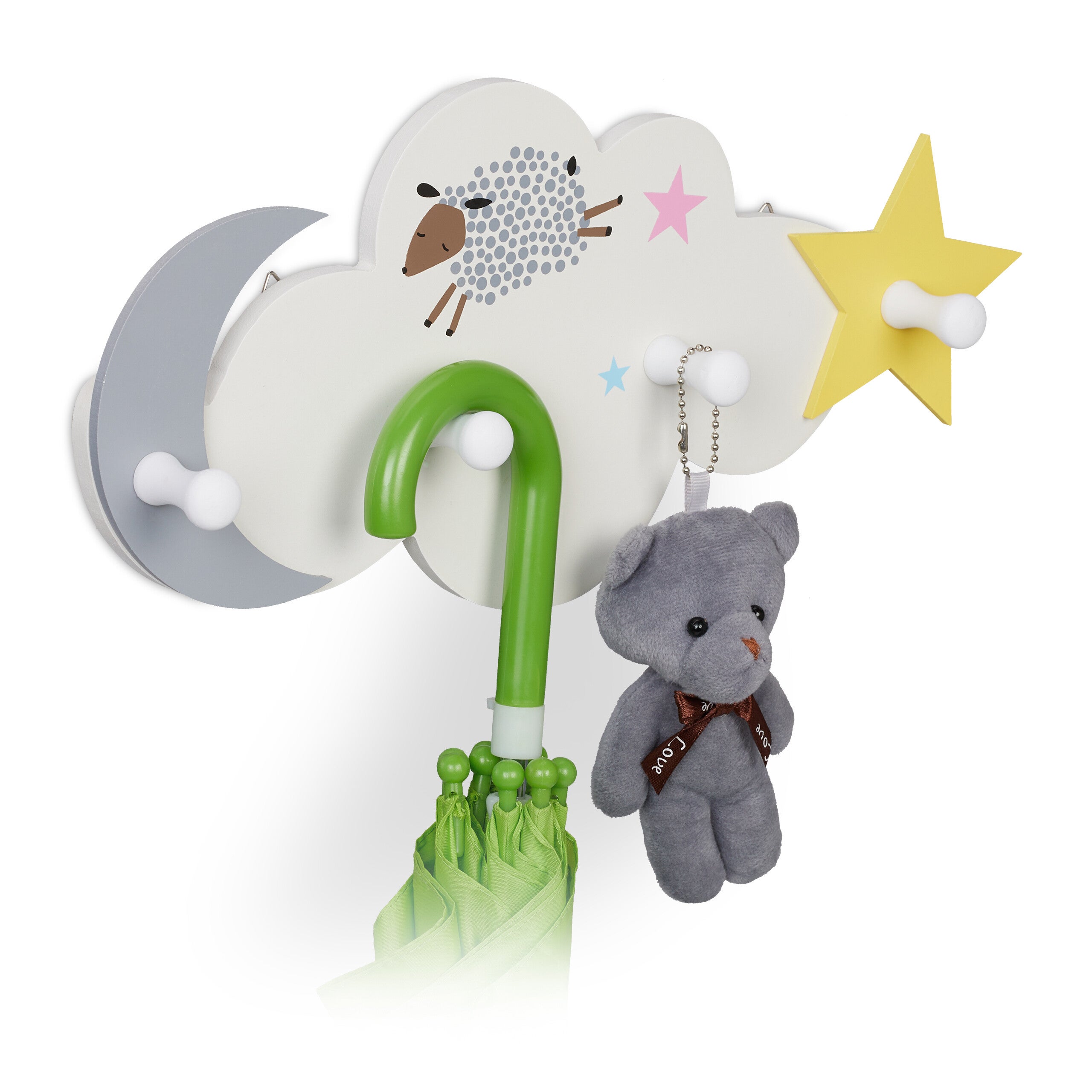 Relaxdays Attaccapanni da Muro per Bambini, 4 Ganci Appendiabiti, Design  Cielo Notturno, HLP 16,5x34,5x5 cm, MDF, Bianco