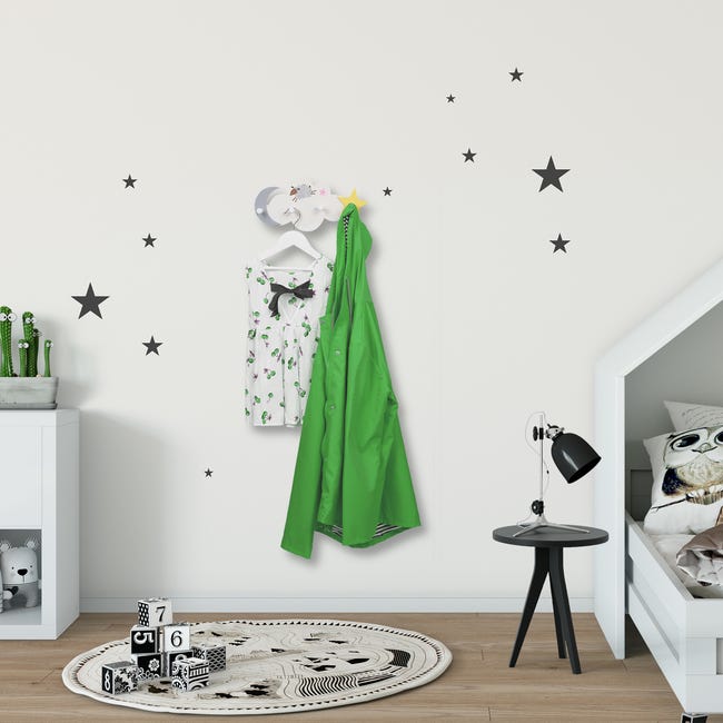Relaxdays Attaccapanni da Muro per Bambini, 4 Ganci Appendiabiti, Design  Cielo Notturno, HLP 16,5x34,5x5 cm, MDF, Bianco