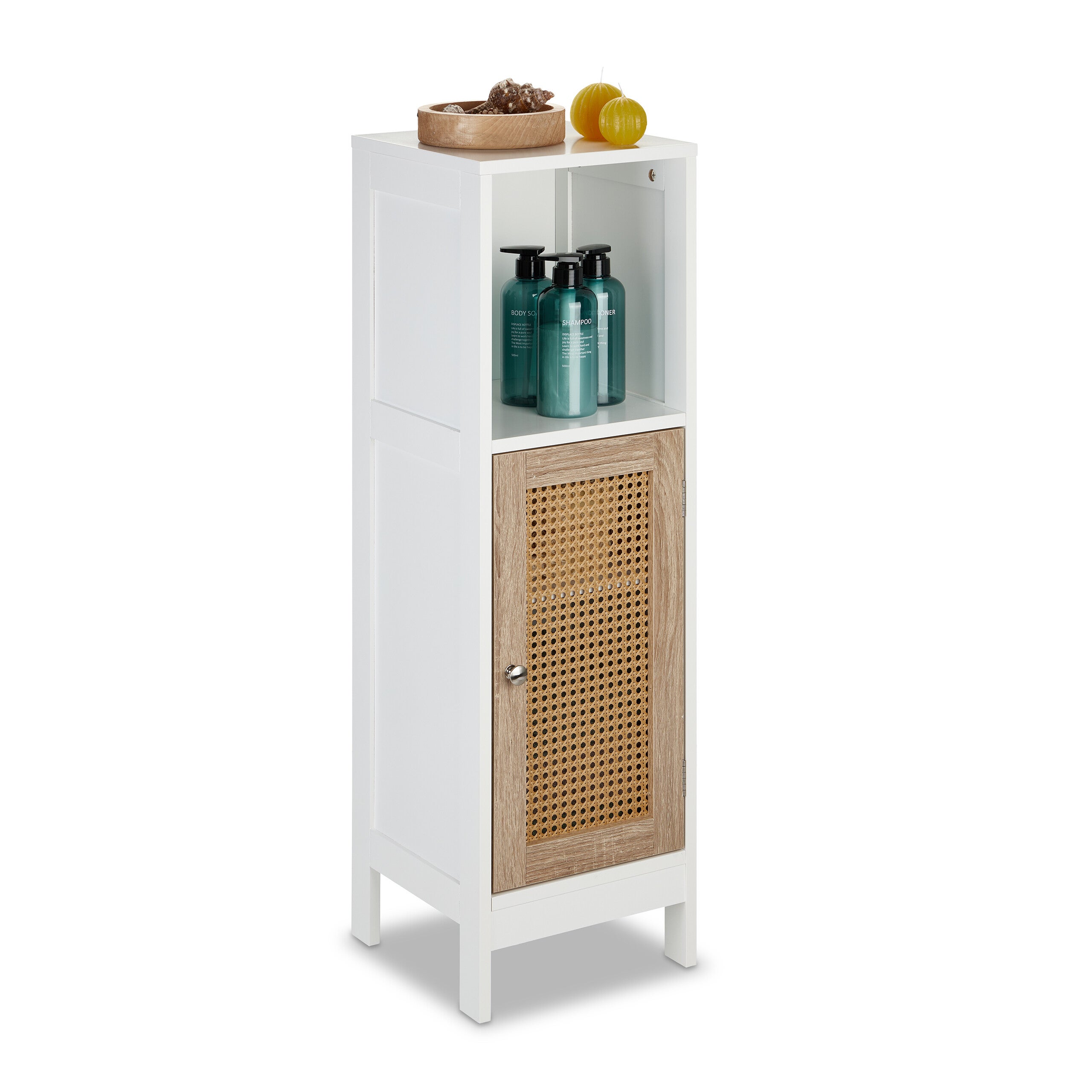 Relaxdays Mobile da Bagno, 2 Ripiani Aperti, 2 con Anta in Rattan,  96,5x30x30 cm, Mobiletto Salvaspazio, Bianco Naturale