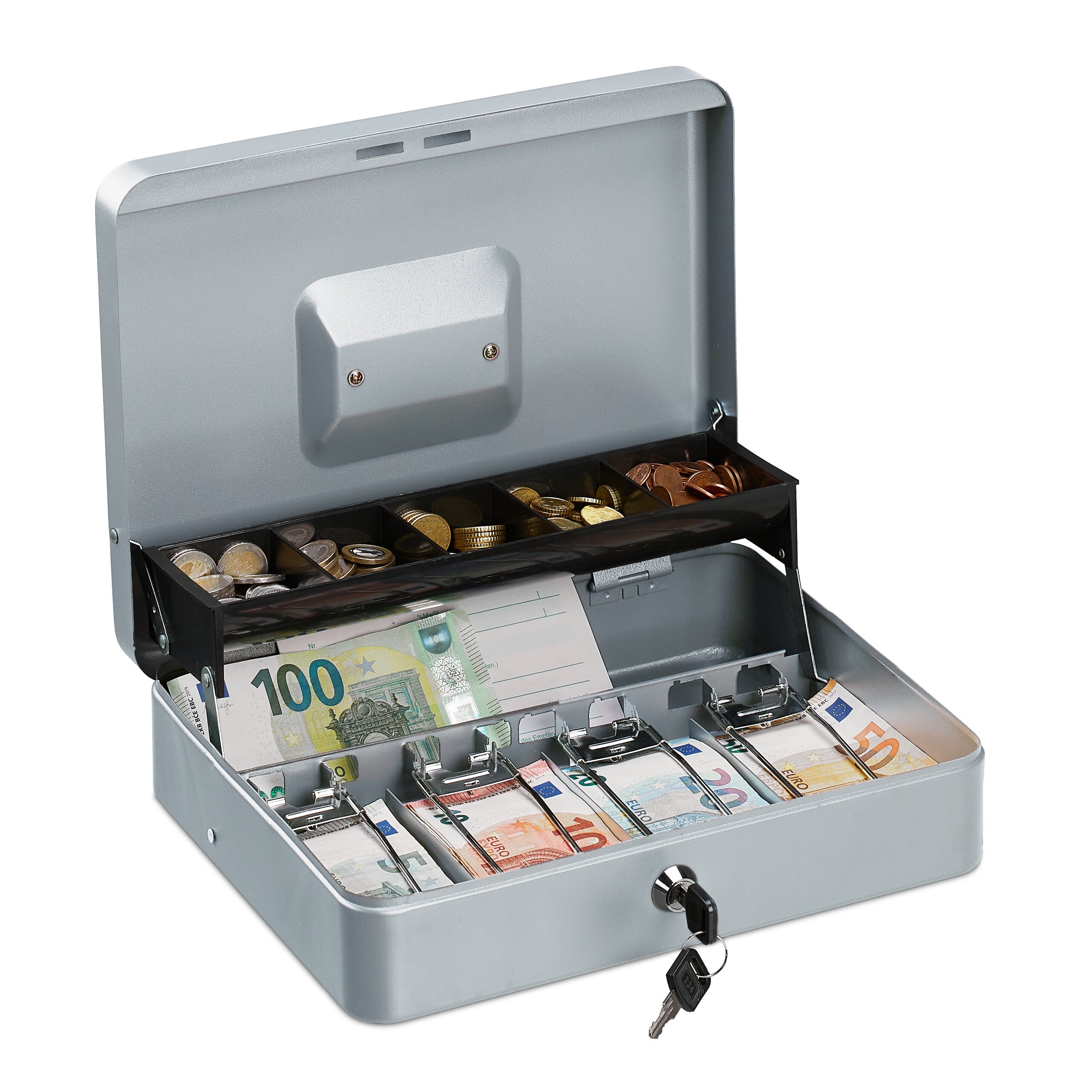 Relaxdays Caisse à monnaie, verrouillable, monnayeur & 4 compartiments à  billets, fer, HLP 8,5 x 30,5 x 24,5 cm, blanc