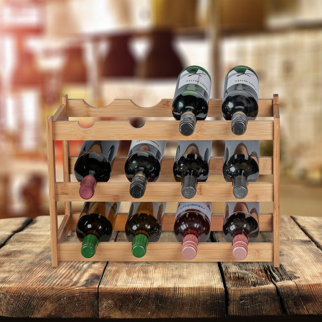Relaxdays Rangement bouteilles de vin, 12 emplacements, bambou, HxLxP: 30 x  45 x 23,5 cm, non fixe, cuisine, bar, nature