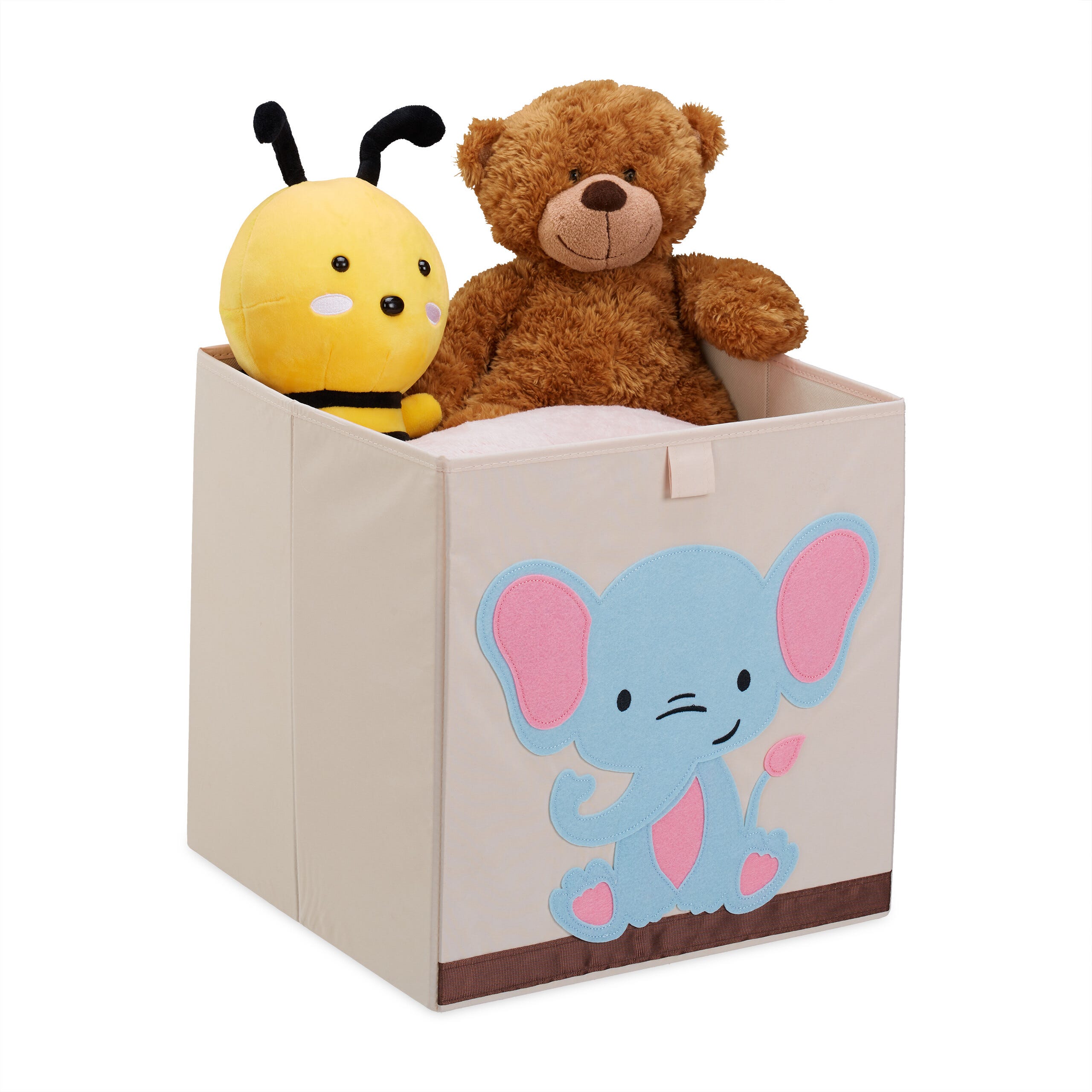 Relaxdays Bac de rangement pour enfants, motif éléphant, HxLxP : 33x33x33  cm, boîte tissu, panier à jouets, beige/bleu