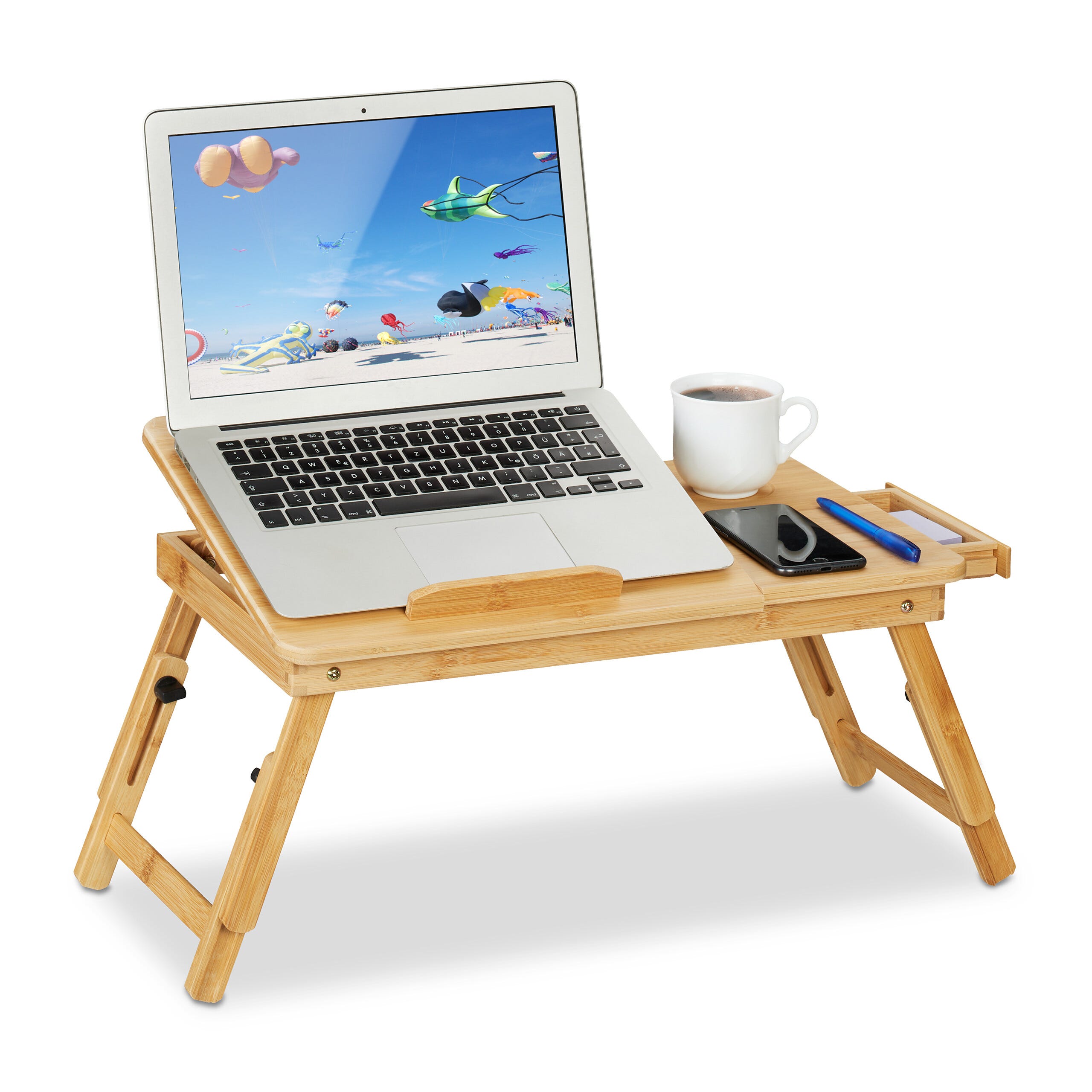Relaxdays Table de lit et canapé pour ordinateur portable, en bambou,  pliable, hauteur et inclinaison réglables, nature