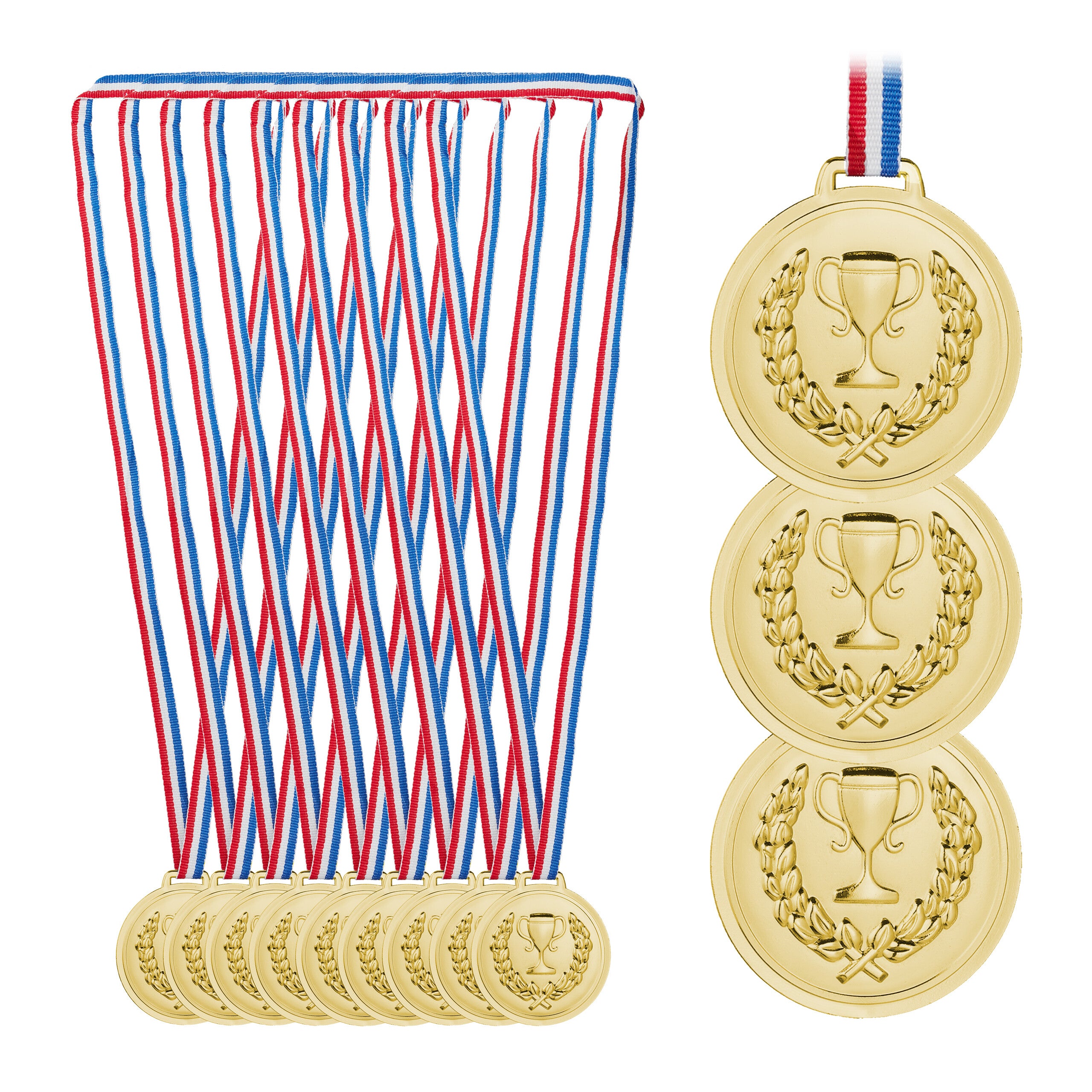 Relaxdays Lot de 12 médailles d'or, pour enfants, ruban, torche, récompense  pour remise de prix, 6 cm Ø, plastique, doré