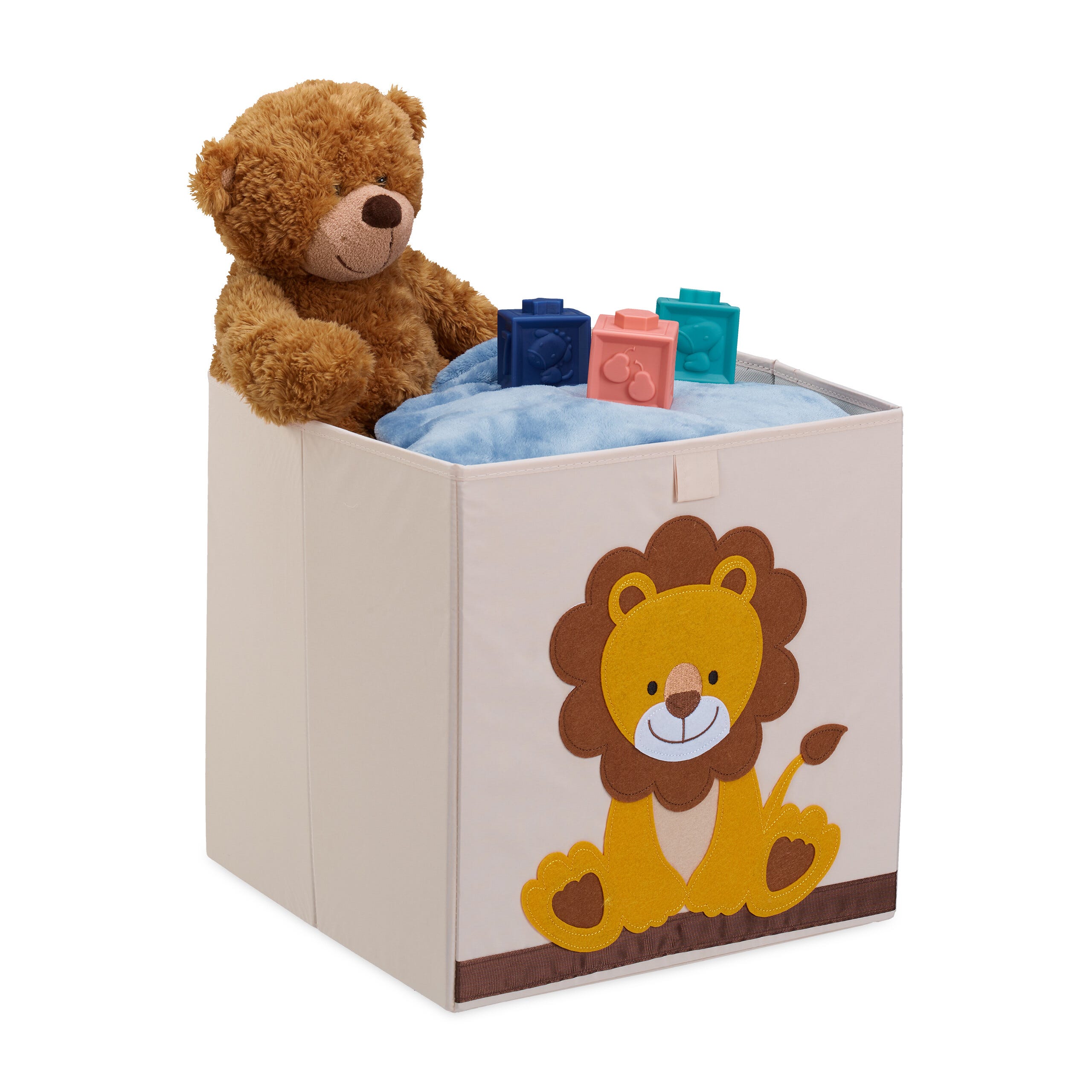 Relaxdays Bac de rangement pour enfants, motif lion, HxLxP : 33x33x33 cm,  boîte en tissu, panier à jouets, beige/jaune