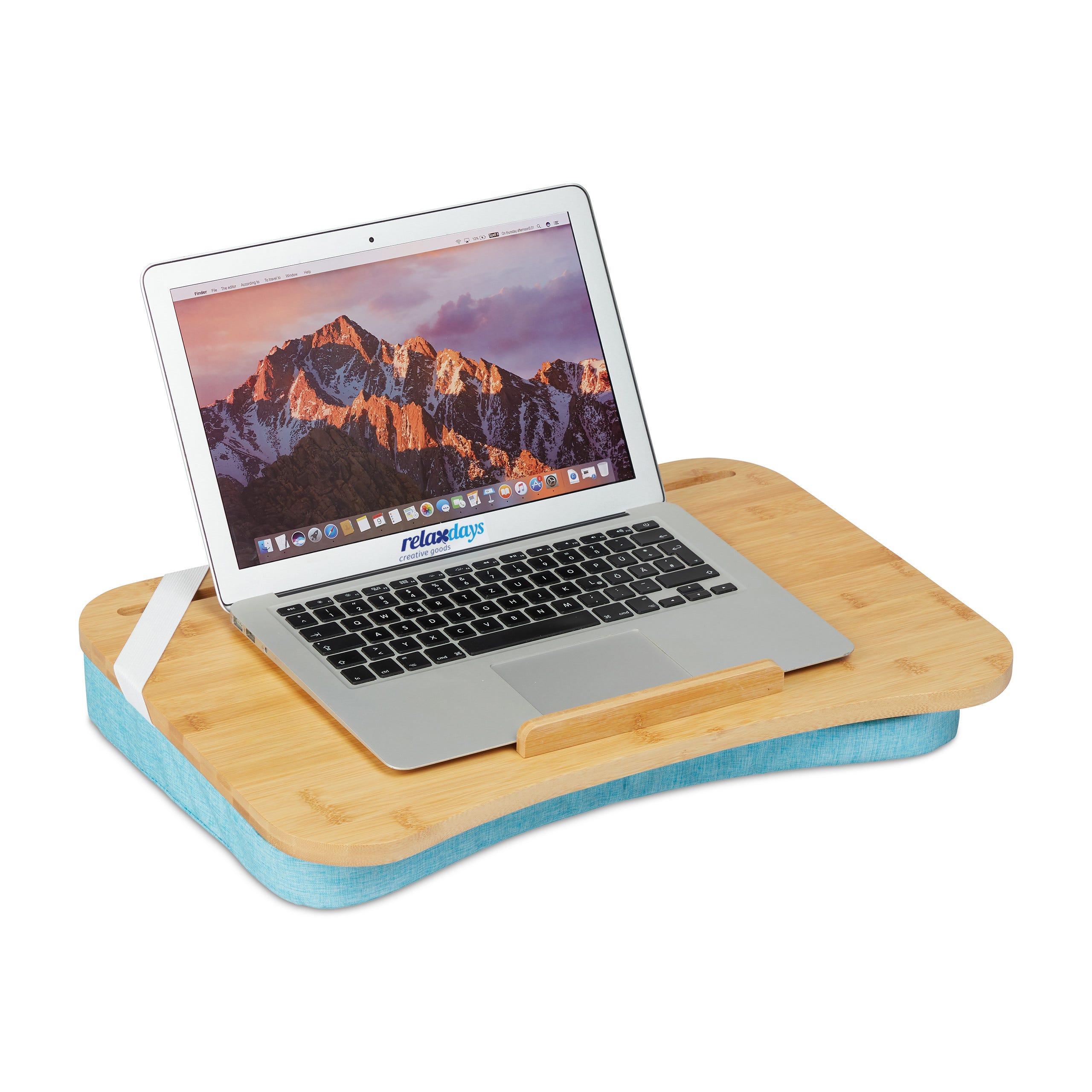 Relaxdays Support pour ordinateur portable, bambou, coussin en mousse à  mémoire, LxP 51x36 cm, lit, canapé, nature/bleu