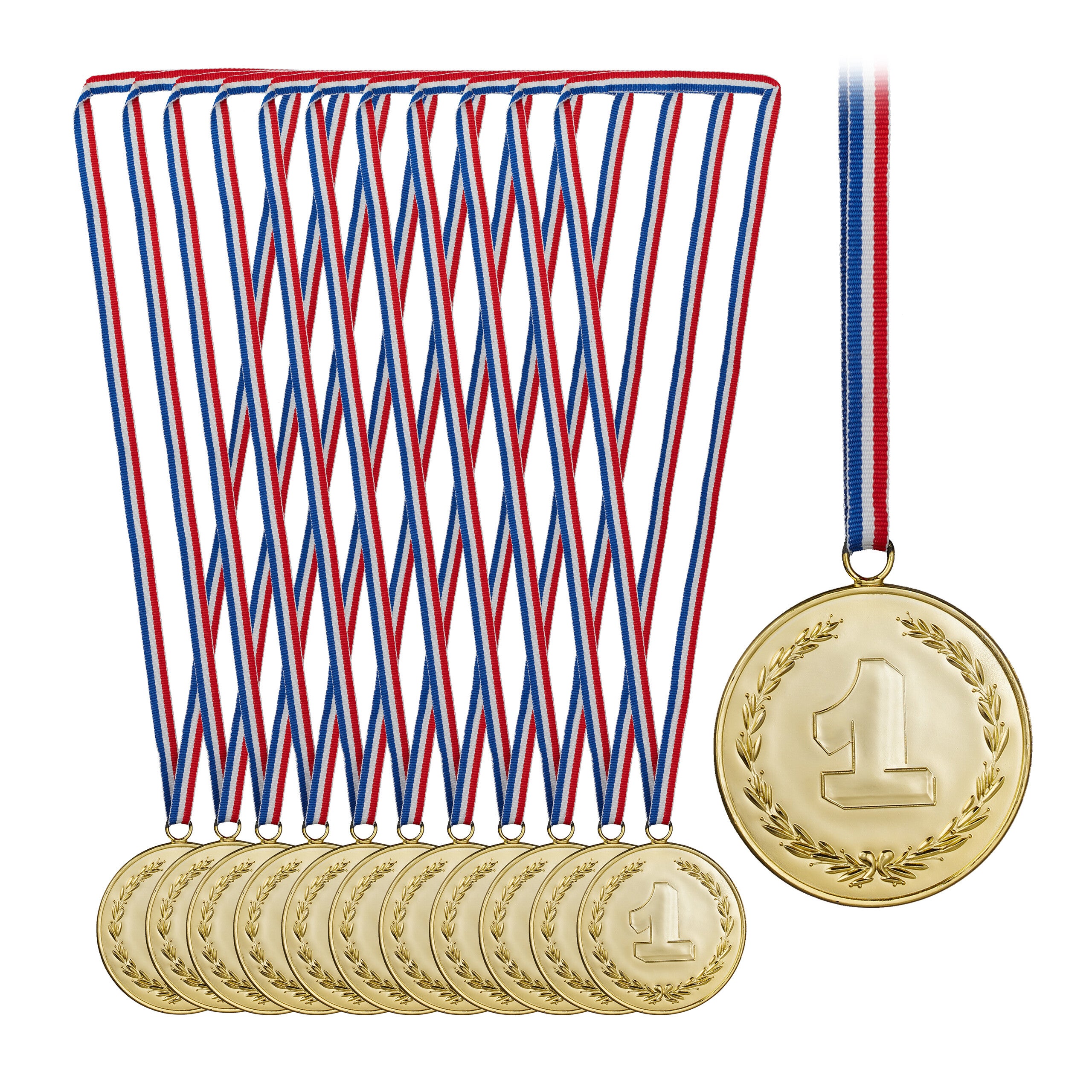 Relaxdays Lot de 12 médailles, pour enfants, ruban, Numéro 1, remise de  prix, 6 cm Ø, plastique, bronze, argent, doré