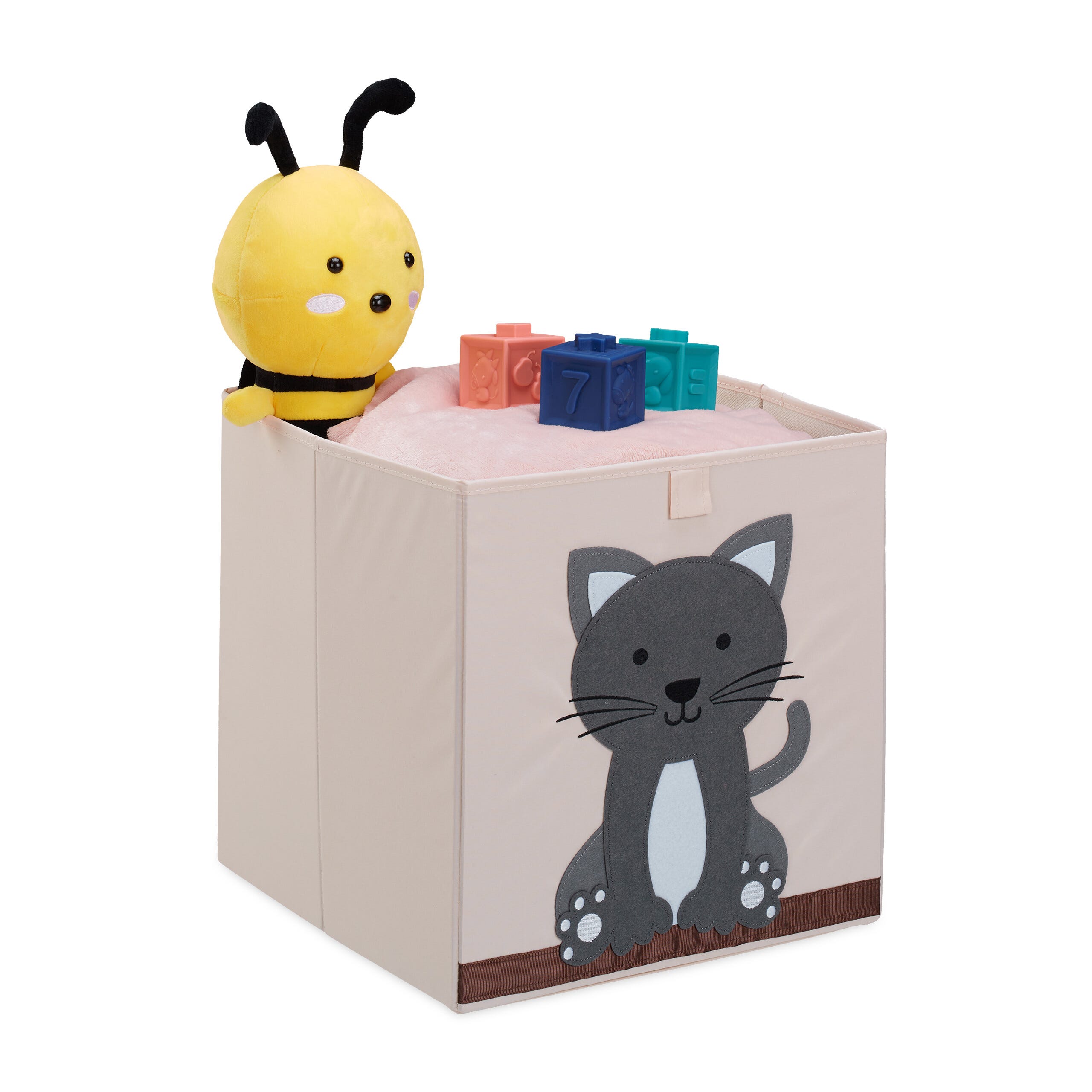Relaxdays Bac de rangement pour enfants, motif chat, HxLxP : 33x33x33 cm,  boîte en tissu, panier à jouets, beige/gris
