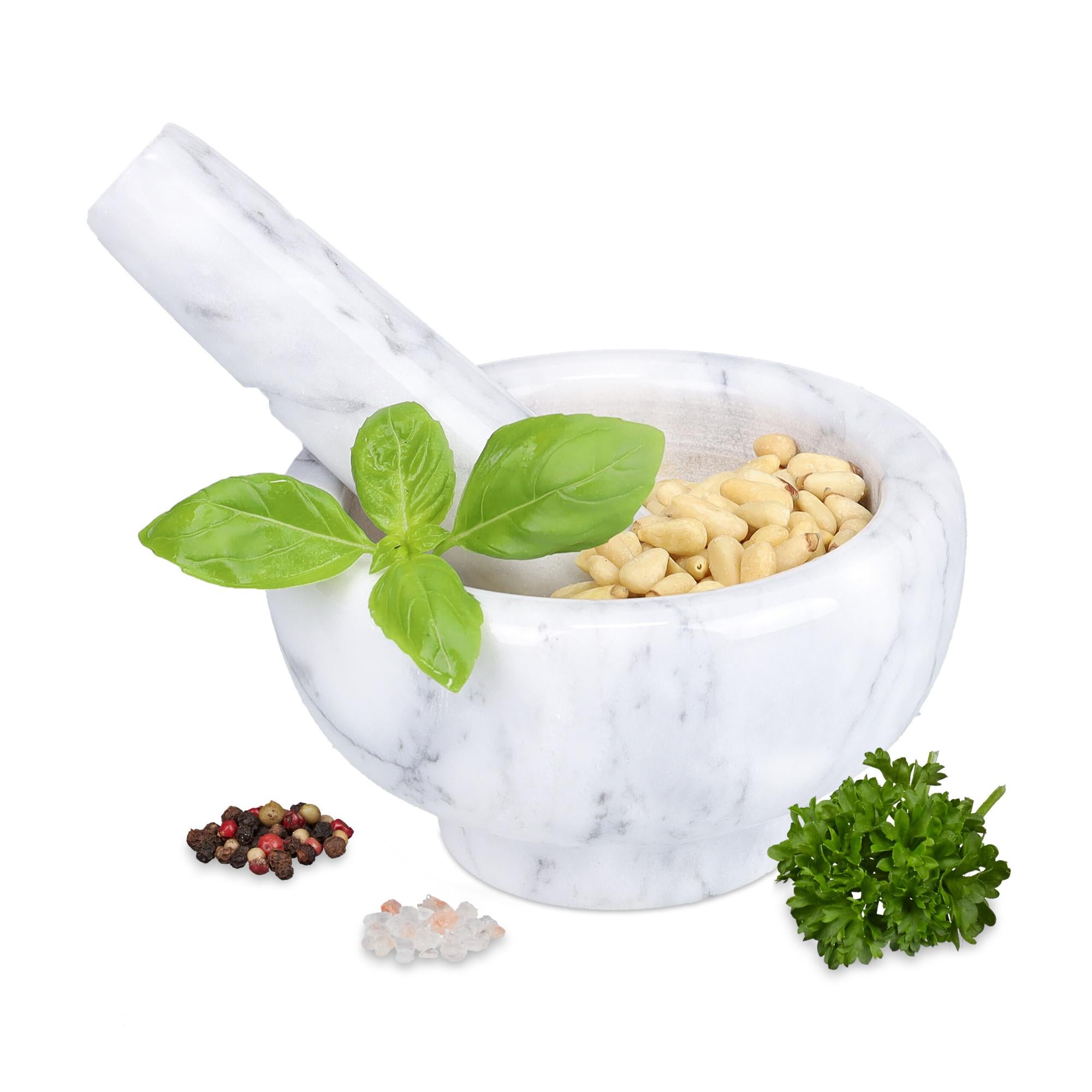 Relaxdays Mortaio e Pestello in Marmo, Ø 11,5 cm, Macina Erbe e Spezie