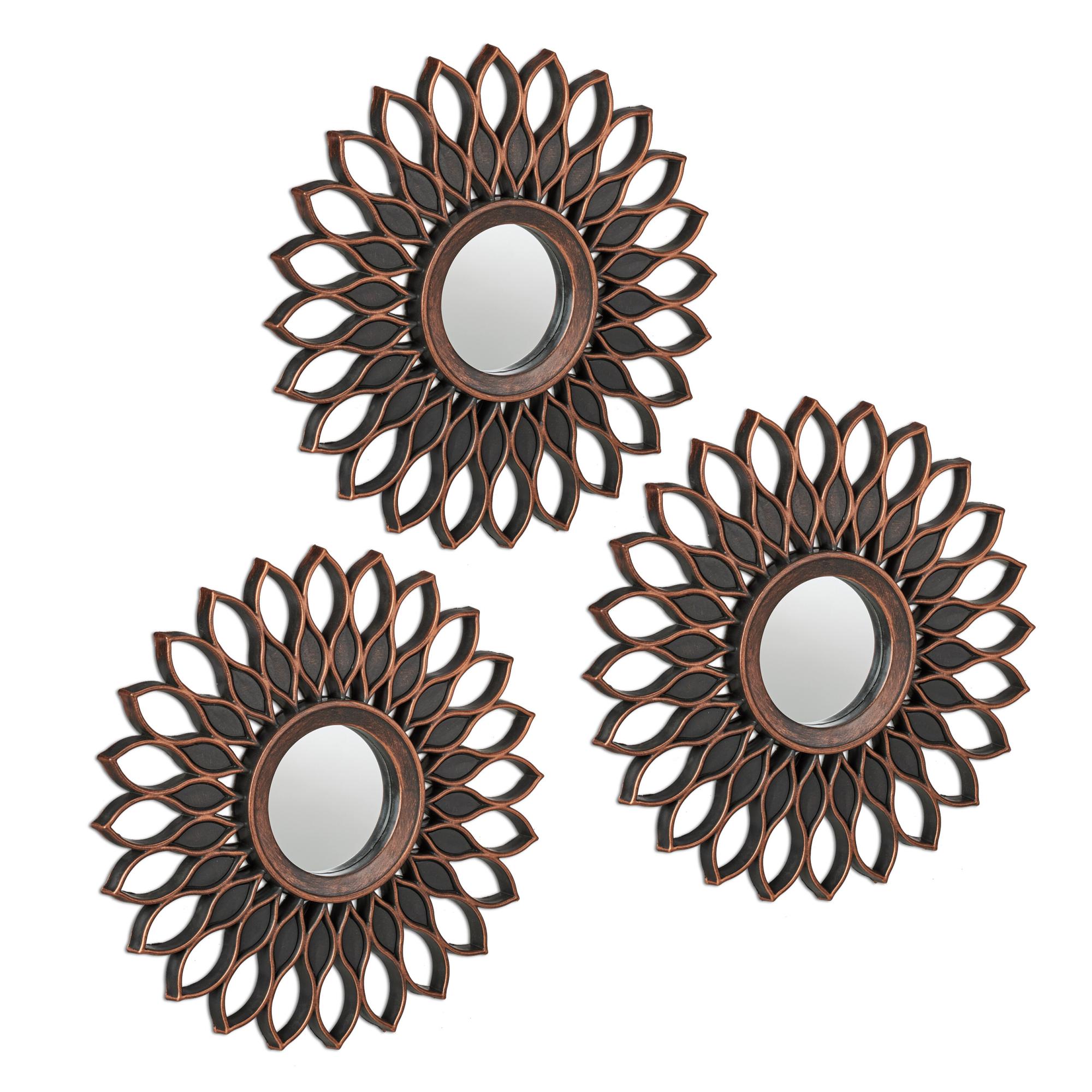 Relaxdays Set Di 3 Specchi Decorativi A Forma Di Fiore: Da Parete, Cornice In Plastica Nero E Oro, Diametro 25 Cm, Per Soggiorno E Ingresso.