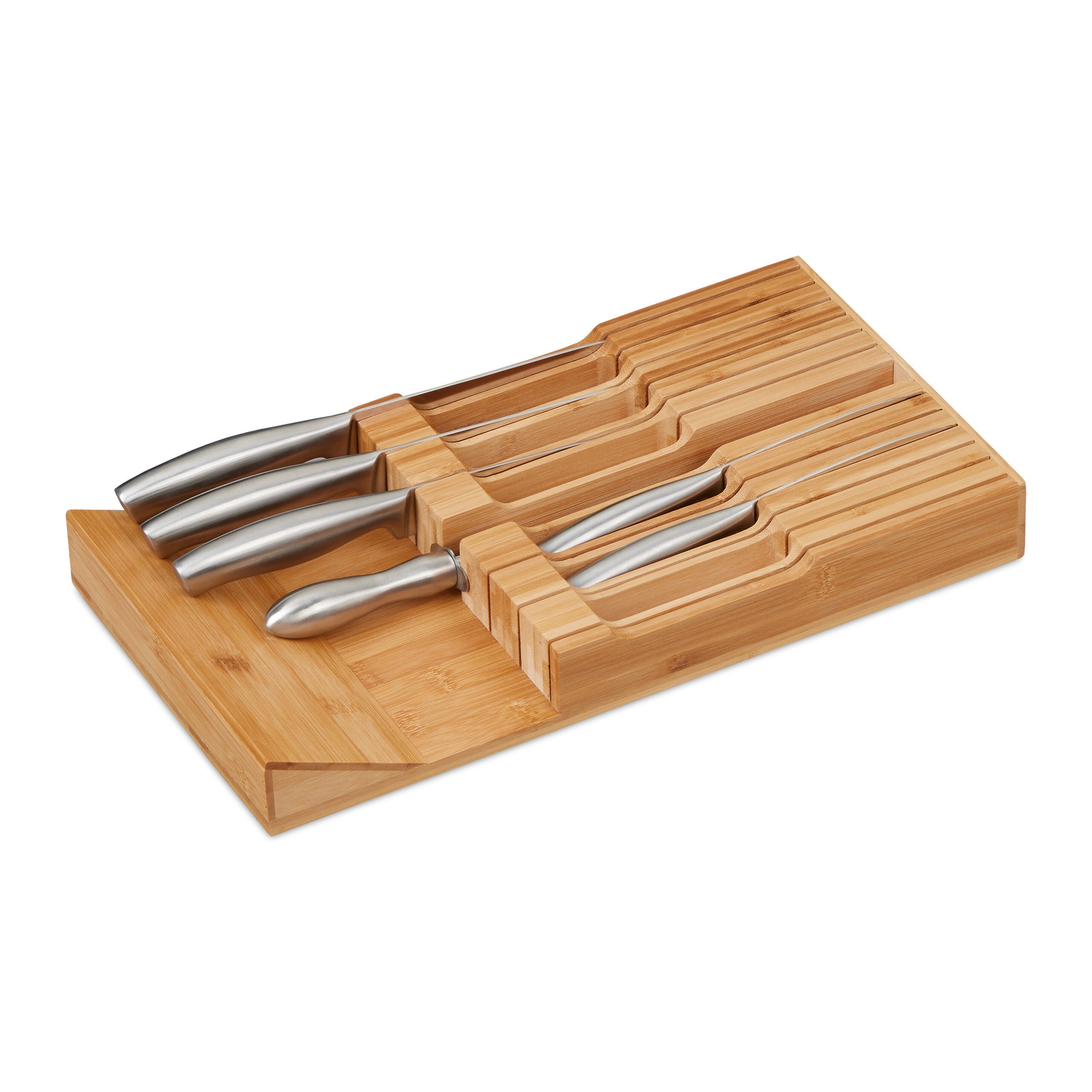 Relaxdays Range-ustensiles pour tiroir, 12 couteaux & aiguisoir, rangement  en bambou, HxLxP: env. 5 x 43 x 23 cm, nature