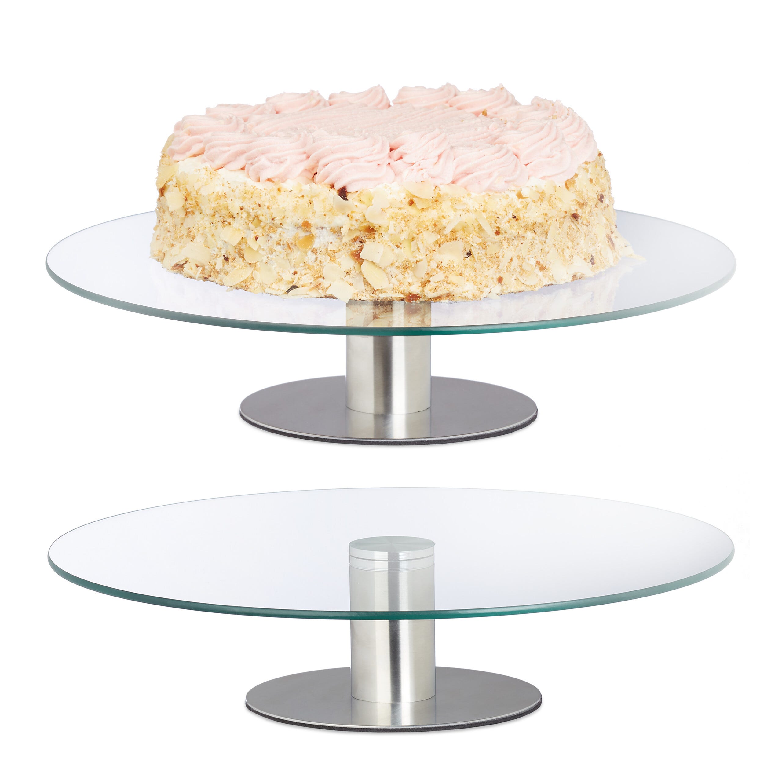 Relaxdays Plateaux à gâteaux avec pied, lot 2, rotatifs, diamètre de 30 cm,  supports en verre, transparent - argenté