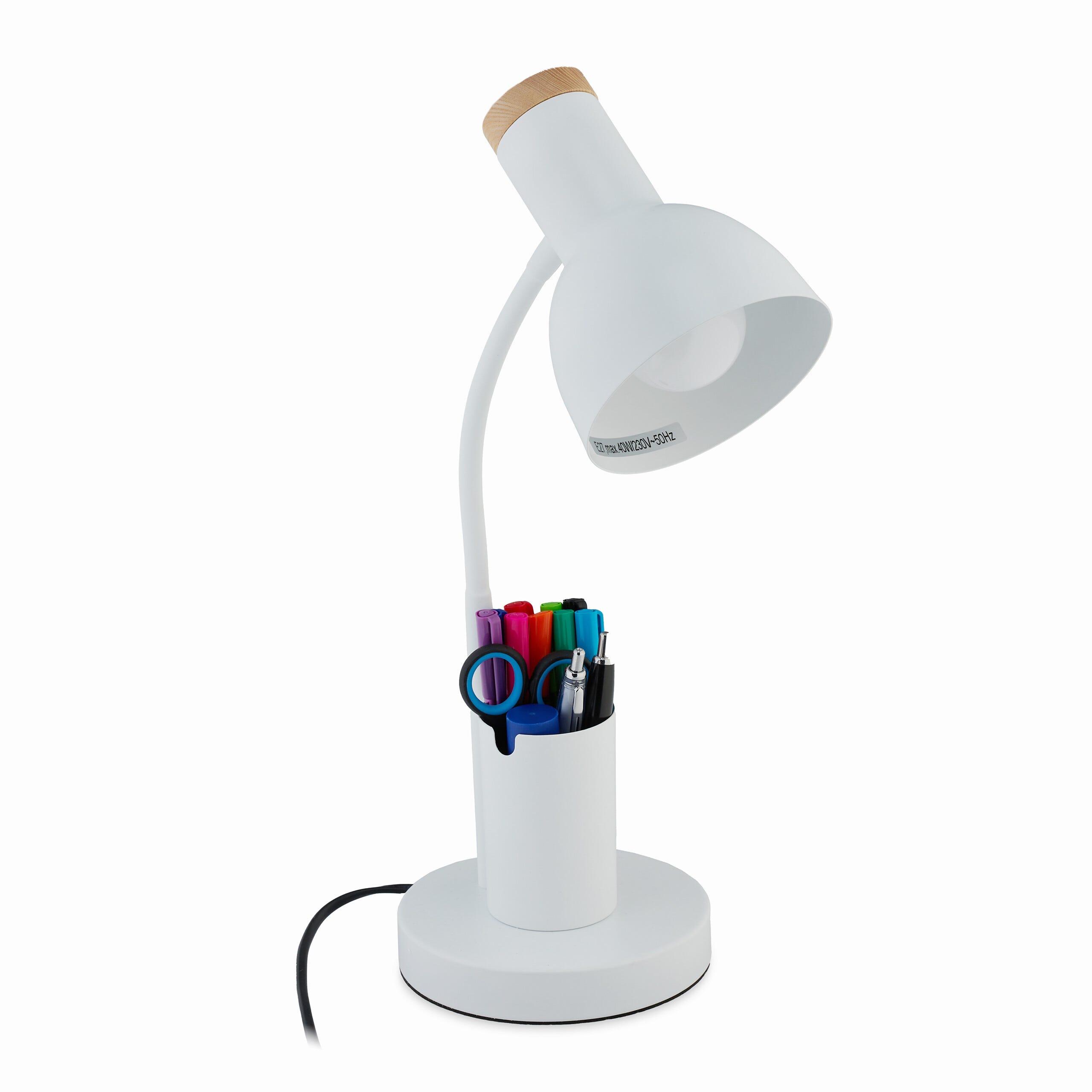 Relaxdays Lampada da Scrivania con Portapenne, Desk Lamp per Studio e  Ufficio, Attacco E27, HLP: 46,5x14,5x17 cm, Bianco