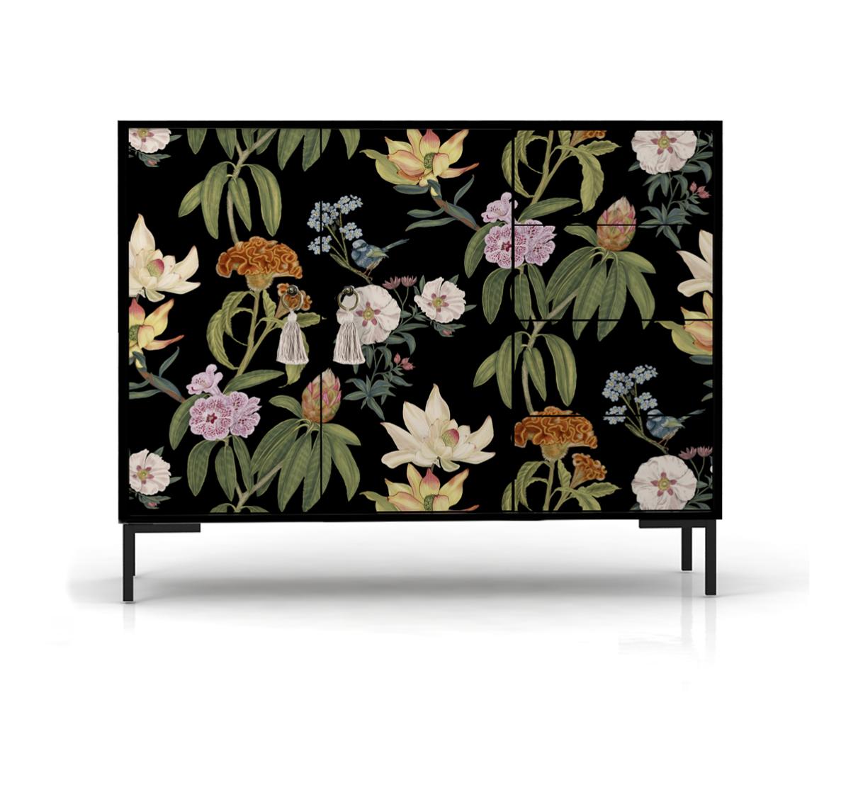 Credenza bassa WILMA 2 ante 4 cassetti MDF stampa floreale nero JARA