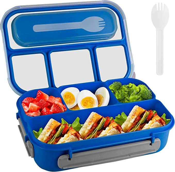 Bleu) Lunch Box - 1550ml Boite Lunch Box Adulte - 2-Etages Bento Lunch Box  - Boite Repas 3 Compartiment avec Couverts - Bento Box Plastique Sans BPA -  Micro-ondes & Lave-vaisselle