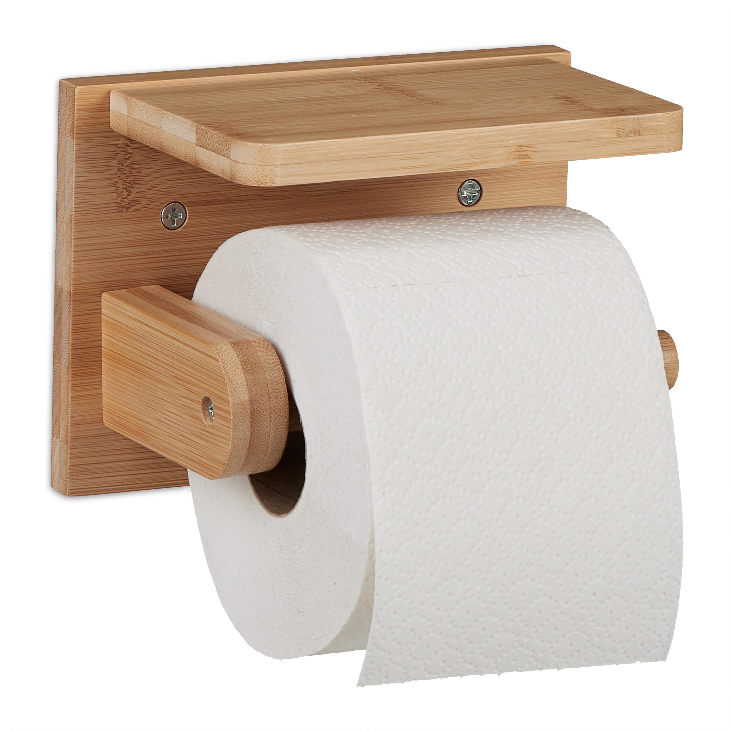Relaxdays Dérouleur papier toilette avec mini étagère, pour portable &  lingettes, en bambou, HxLxP : 12x16x10 cm, nature