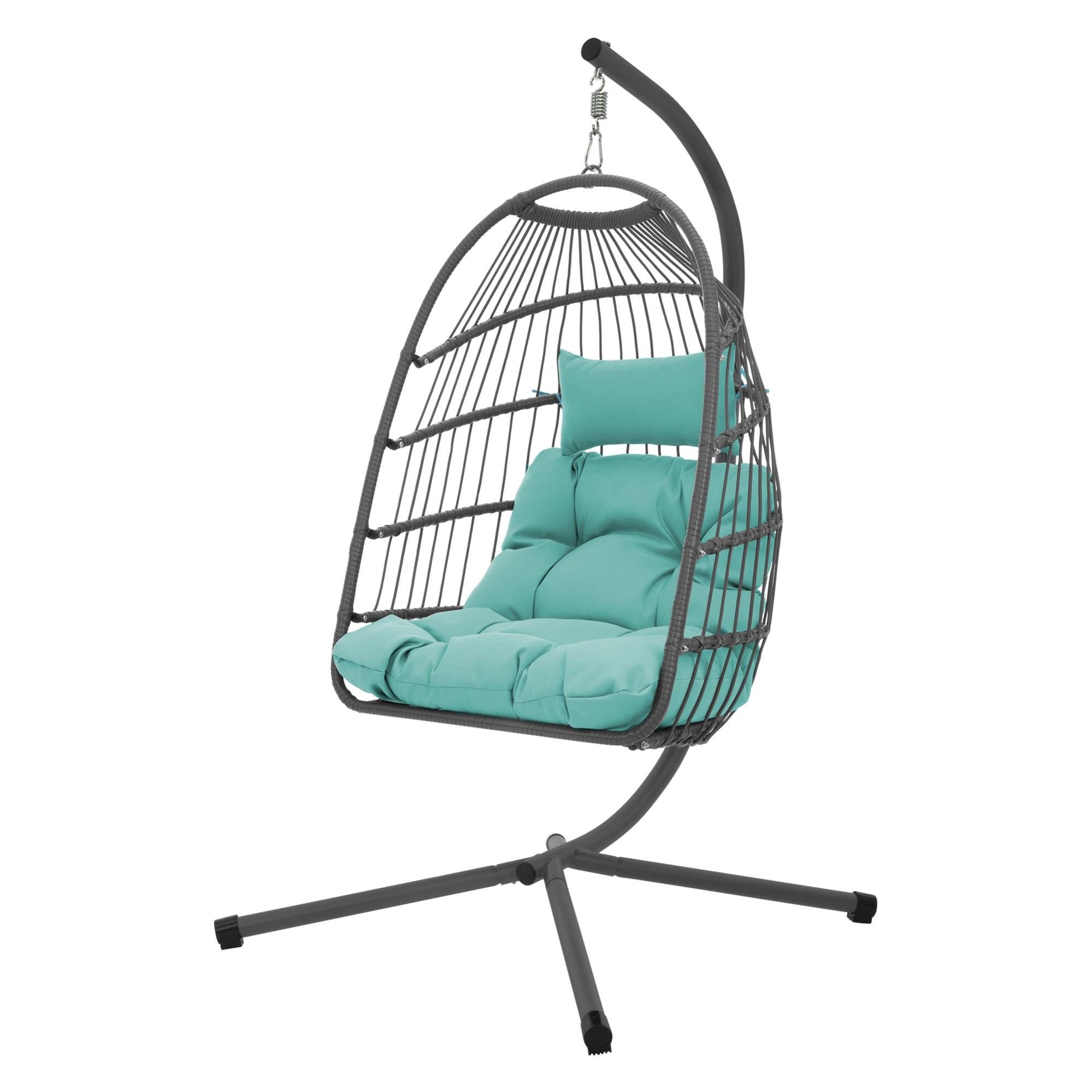 Chaise Balançoire Œuf Suspendue Gris Avec Support, Coussin Épais Et Oreiller - 120 X 105 Cm Intérieur/Extérieur