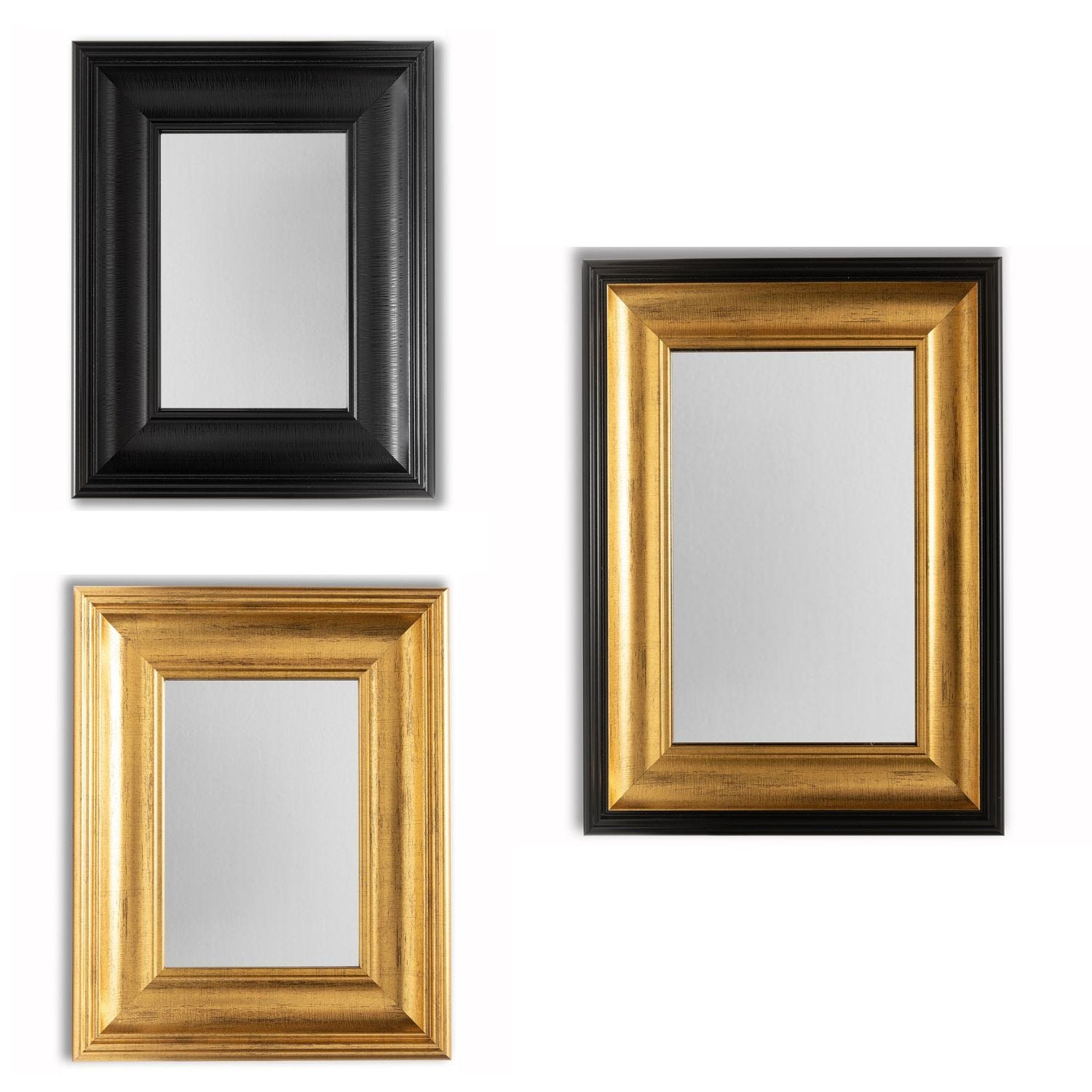 DekoArte - Set di 3 specchio da parete con cornice vintage nera e dorata -  Decorazione murale.