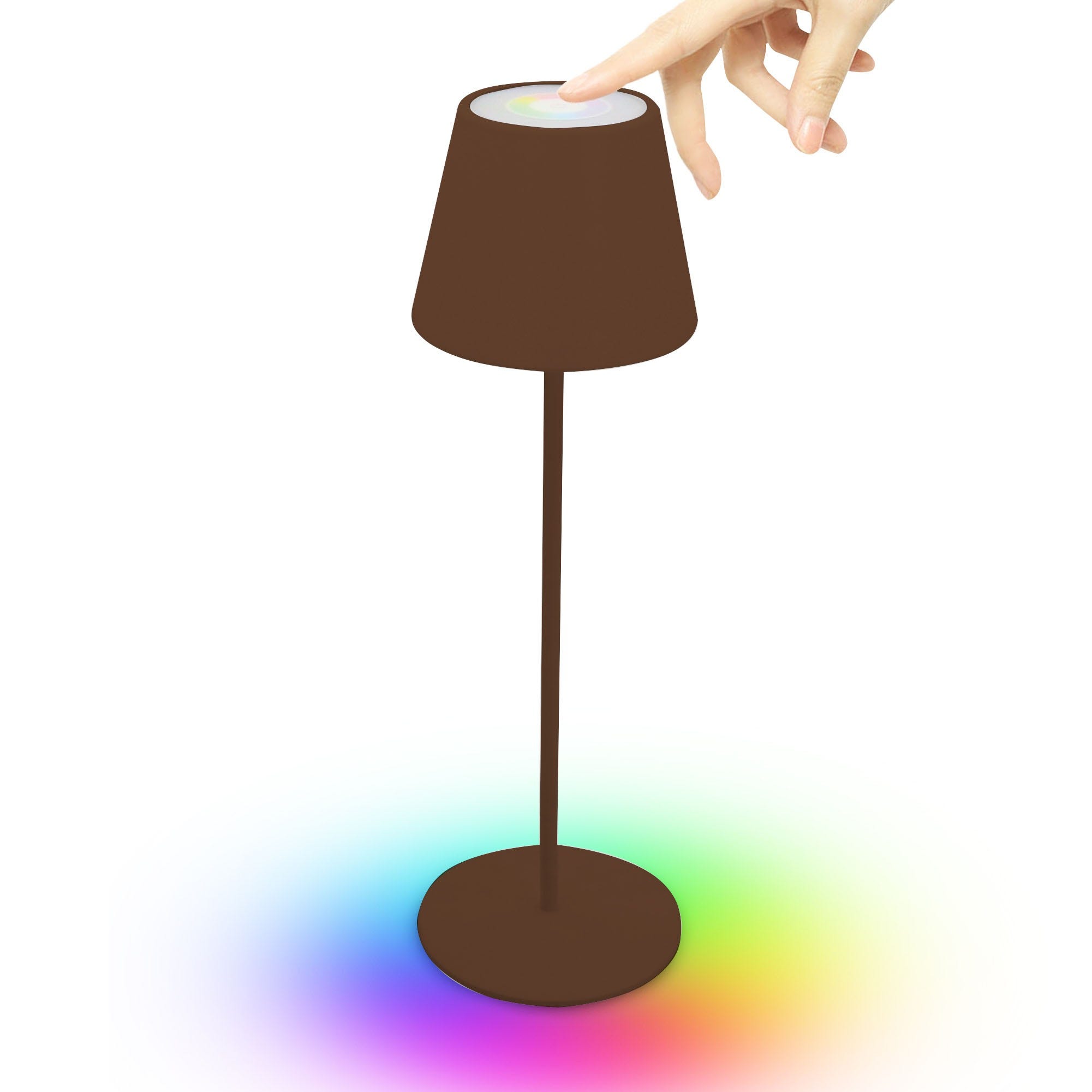 Lámpara de mesa LED recargable, dimmer táctil, blanco + RGB, IP54. Corten