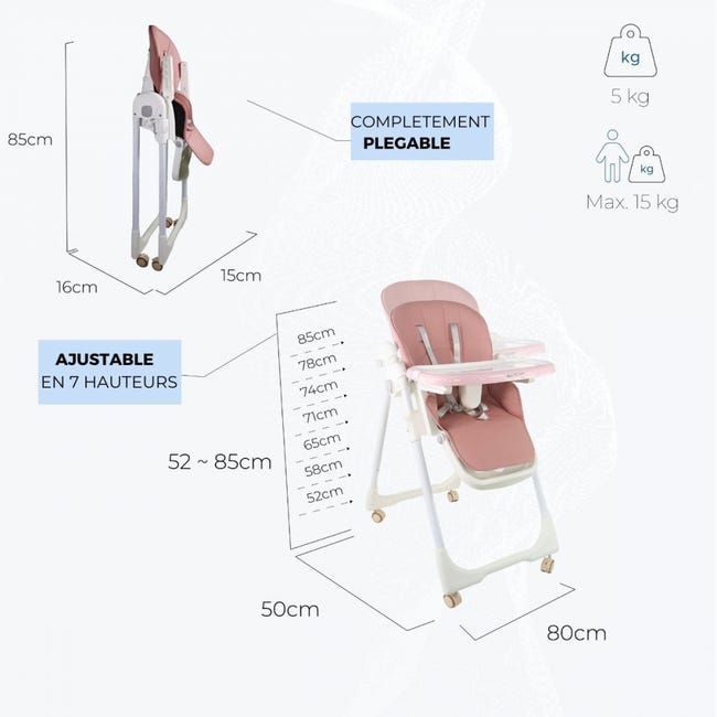 Cadeira refeição alta dobrável para bebés ajustável com 4 rodas