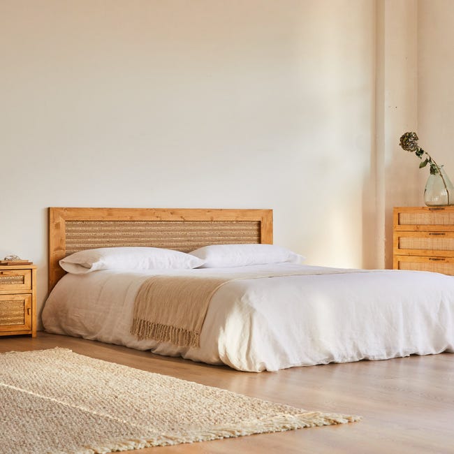 KERLIN Cabecero de cama de madera y yute cama de 180 cm en color marrón  claro HANNUN